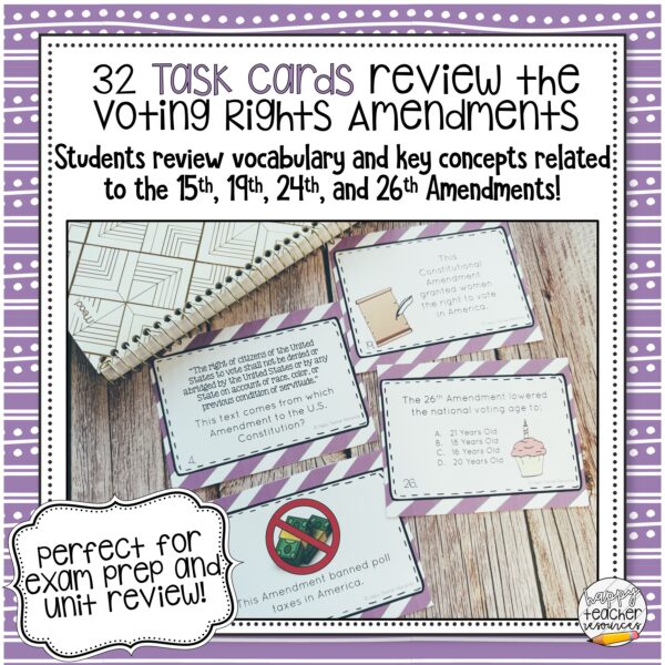 Voting Rights Amendments Review Games Bundle thumbnail reads: 32 task cards review the Voting Rights Amendments!