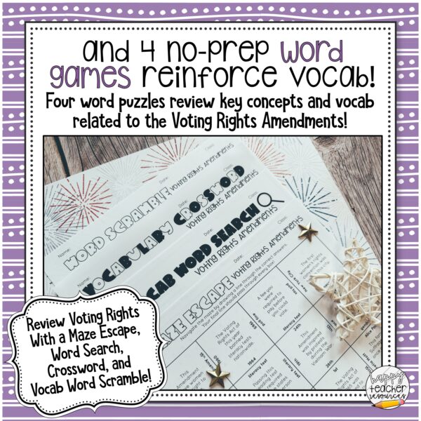 Voting Rights Amendments Review Games Bundle thumbnail reads: and 4 non-prep word games reinforce vocab!