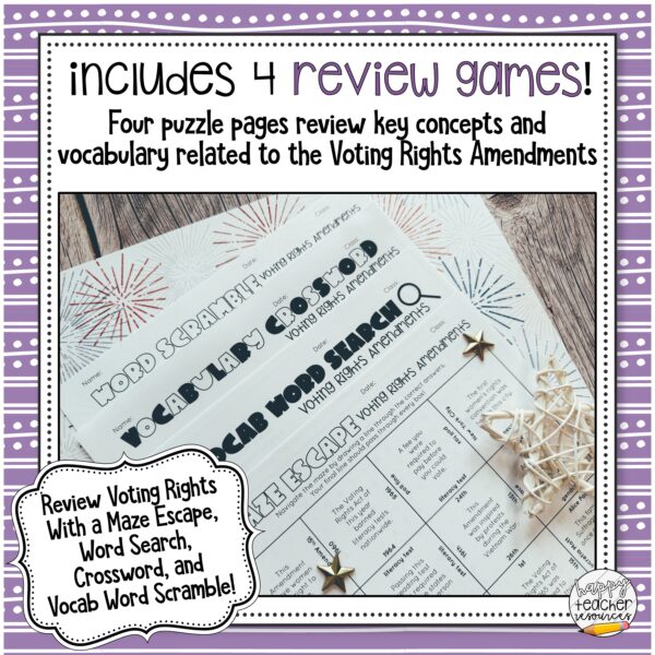 Voting Rights Amendments Review Games thumbnail reads: includes 4 review games!