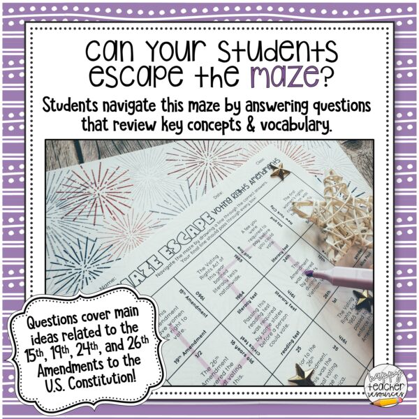 Voting Rights Amendments Review Games thumbnail reads: Can your students escape the maze?
