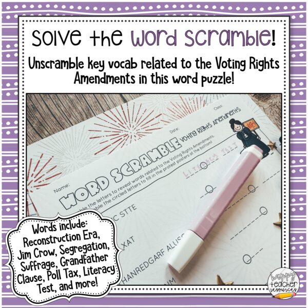 Voting Rights Amendments Review Games thumbnail reads: Solve the Word Scramble!