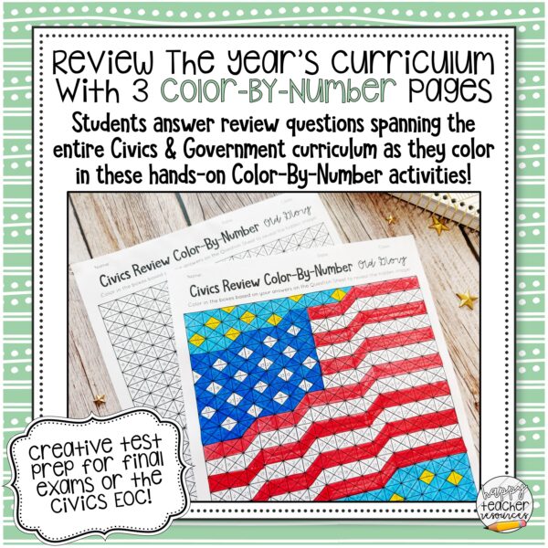 Civics End of Year Review Color By Numbers Activity thumbnail reads "Review the Year's Curriculum with 3 Color By Number Pages"