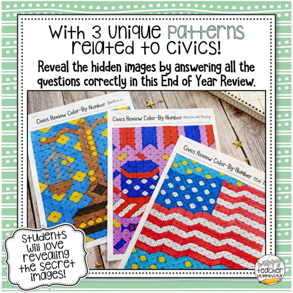 Civics End of Year Review Color By Numbers Activity thumbnail reads "With 3 Unique Patterns Related to Civics!"