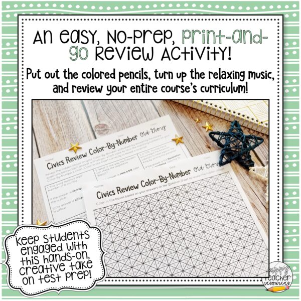 Civics End of Year Review Color By Numbers Activity thumbnail reads "An easy no-prep, print-and-go review activity!"