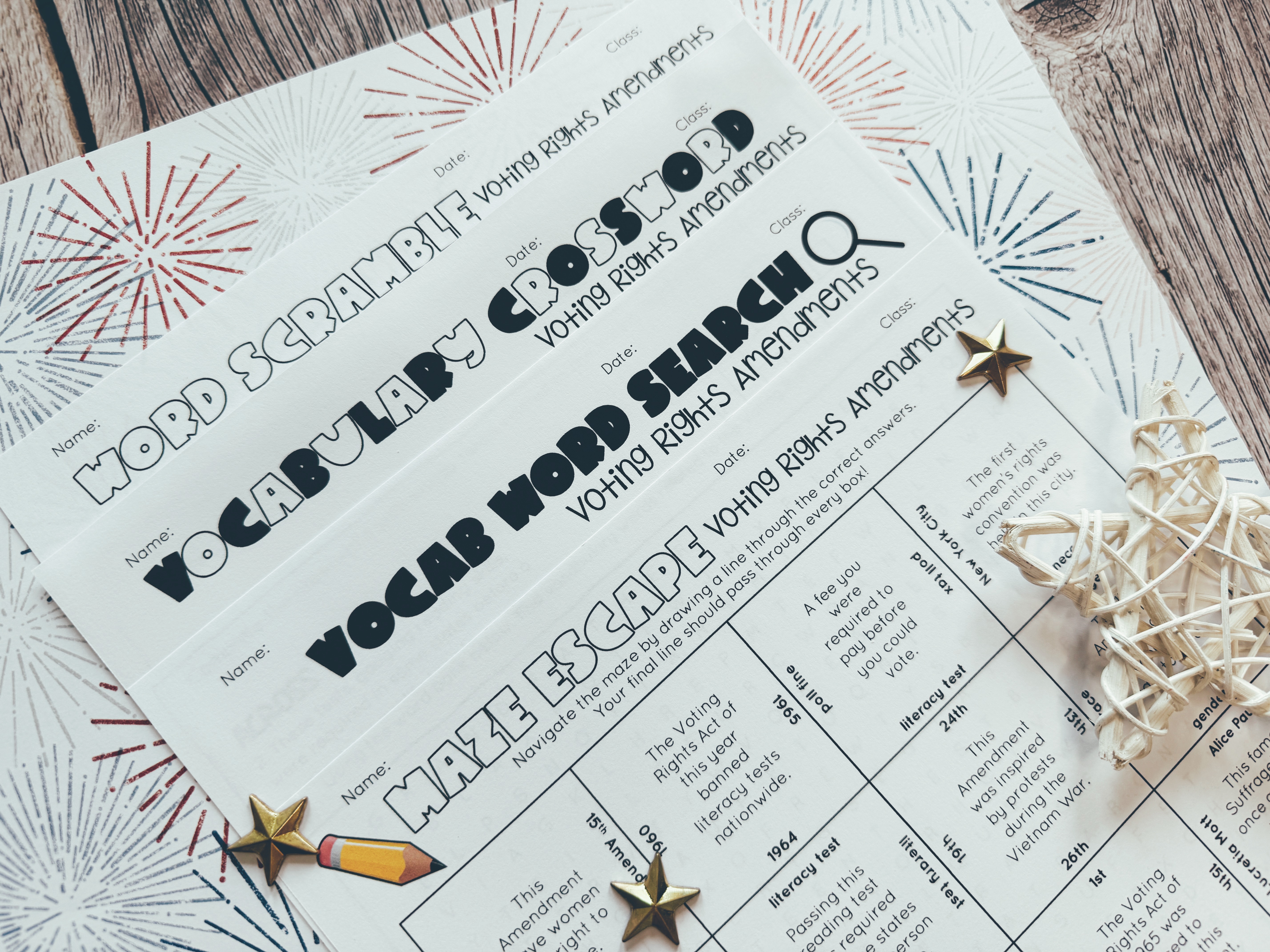 Four worksheets are displayed on a table: a Maze Escape, Vocab Word Search, Vocab Crossword, and a Word Scramble