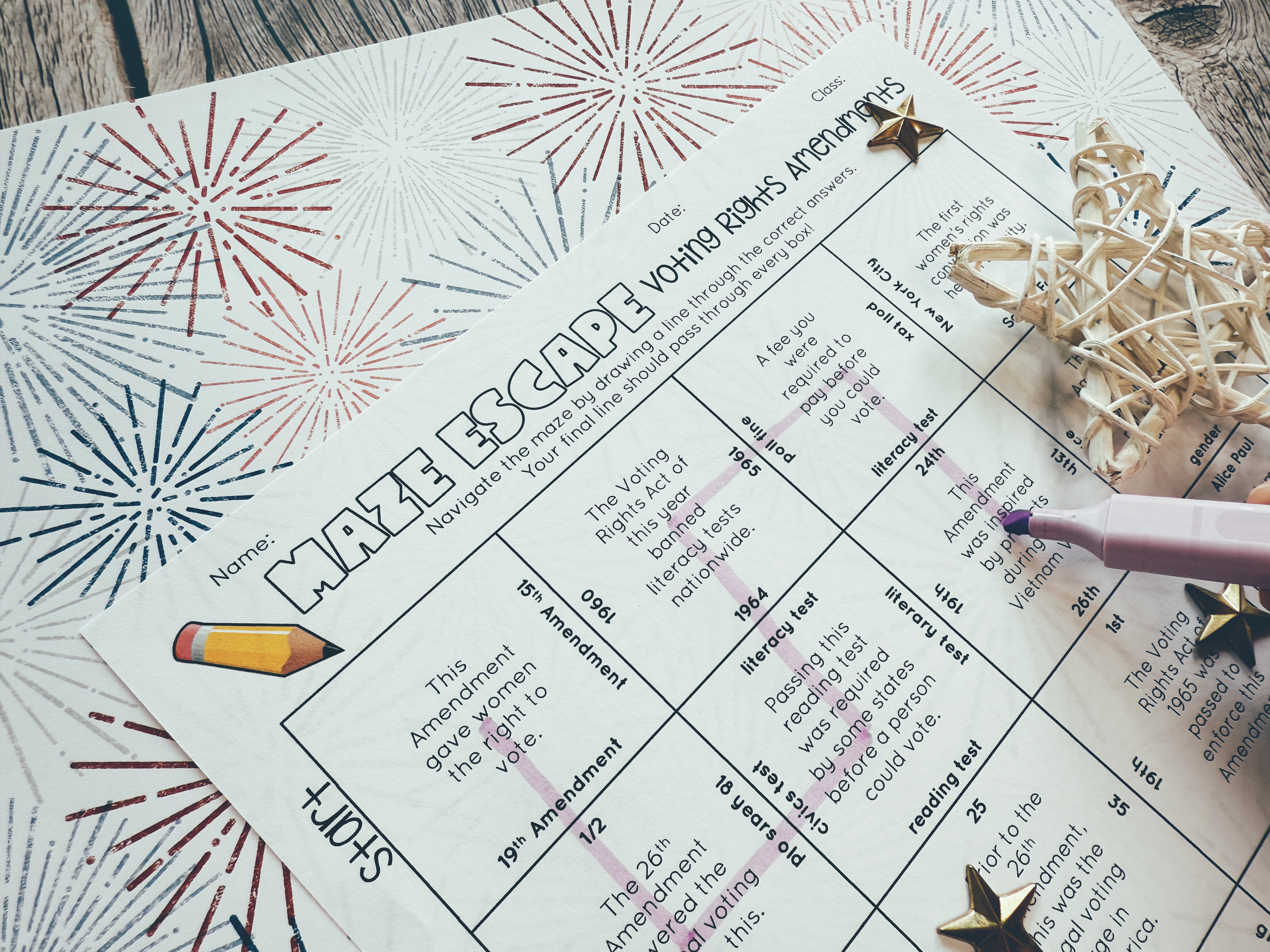 A maze escape worksheet, with a purple line drawn through the correct answers in a multiple-choice maze.