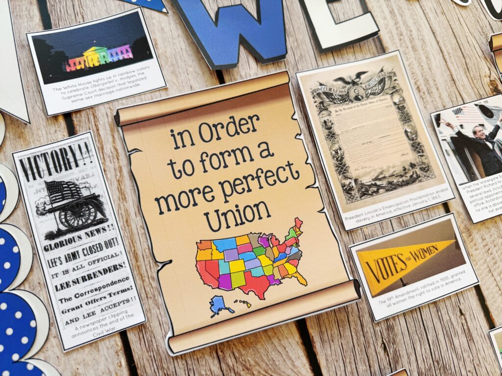 In this Civics bulletin board classroom decor display, a poster of the Preamble saying "In order to form a more perfect union" is surrounded by images depicting this goal in action, such as women's suffrage and gay marriage.