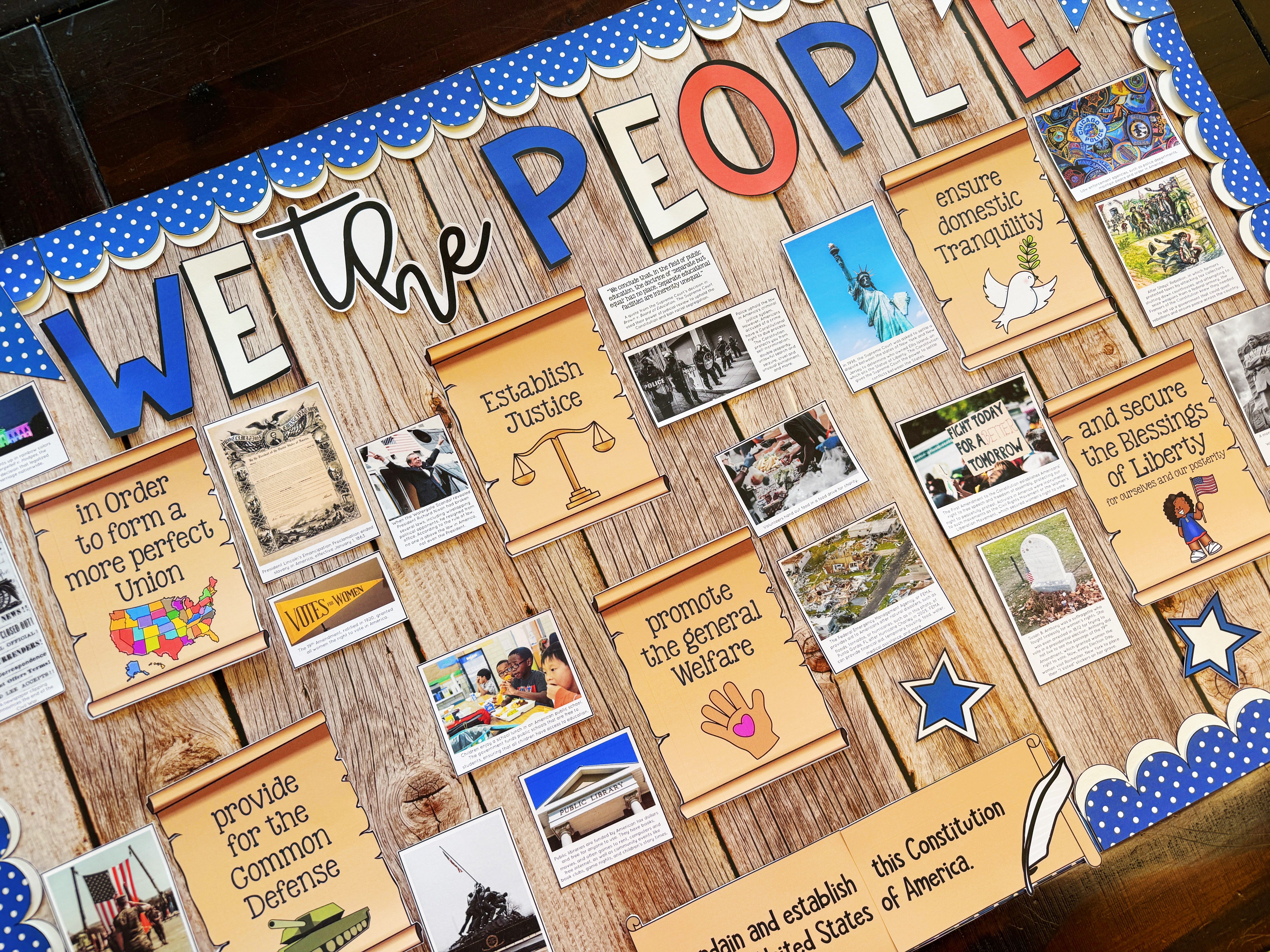 Civics Classroom Decor Preamble to the Constitution Bulletin Board displayed on a  table