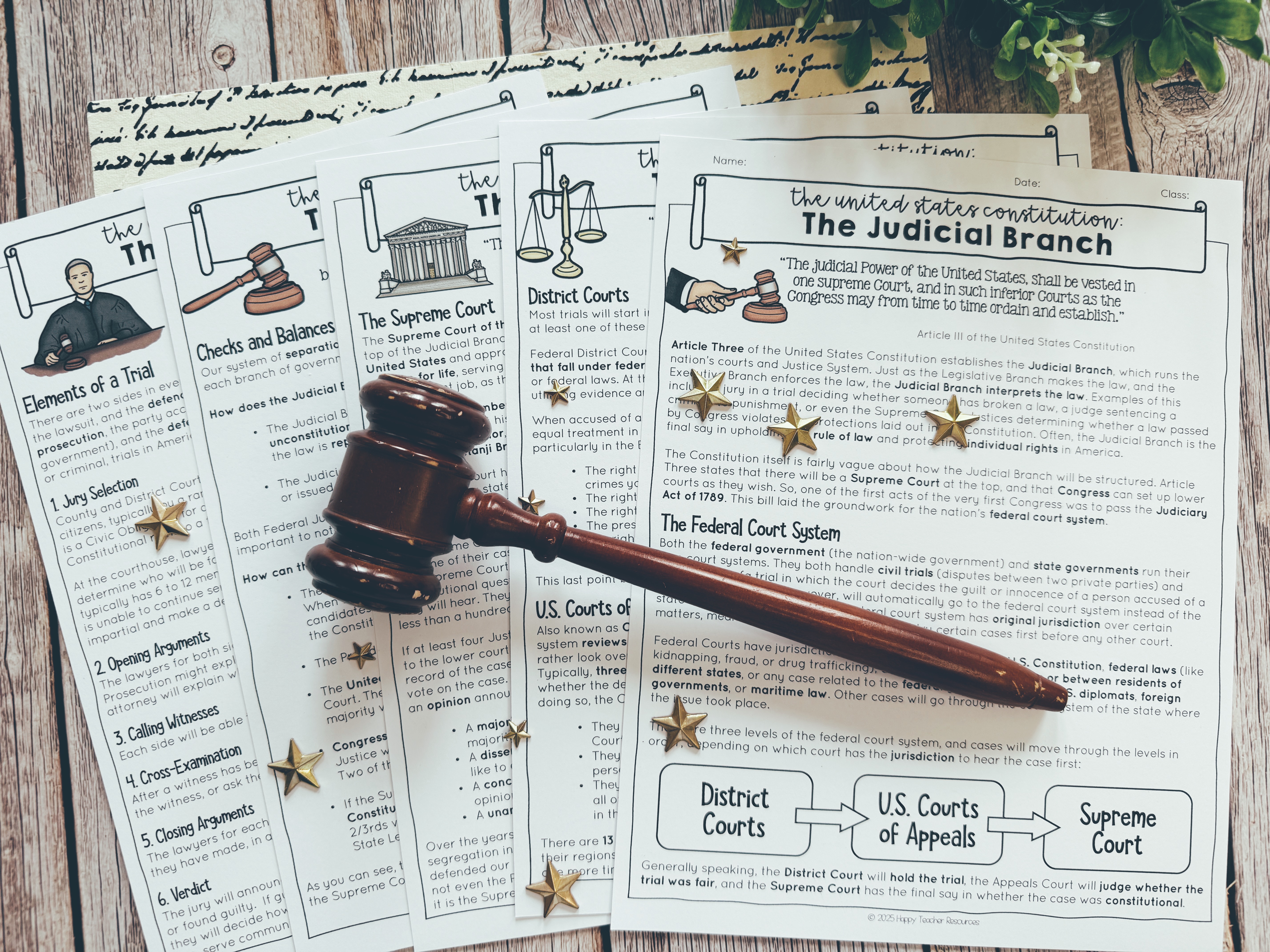 The Judicial Branch Article & Review displayed across a table with a decorative gavel