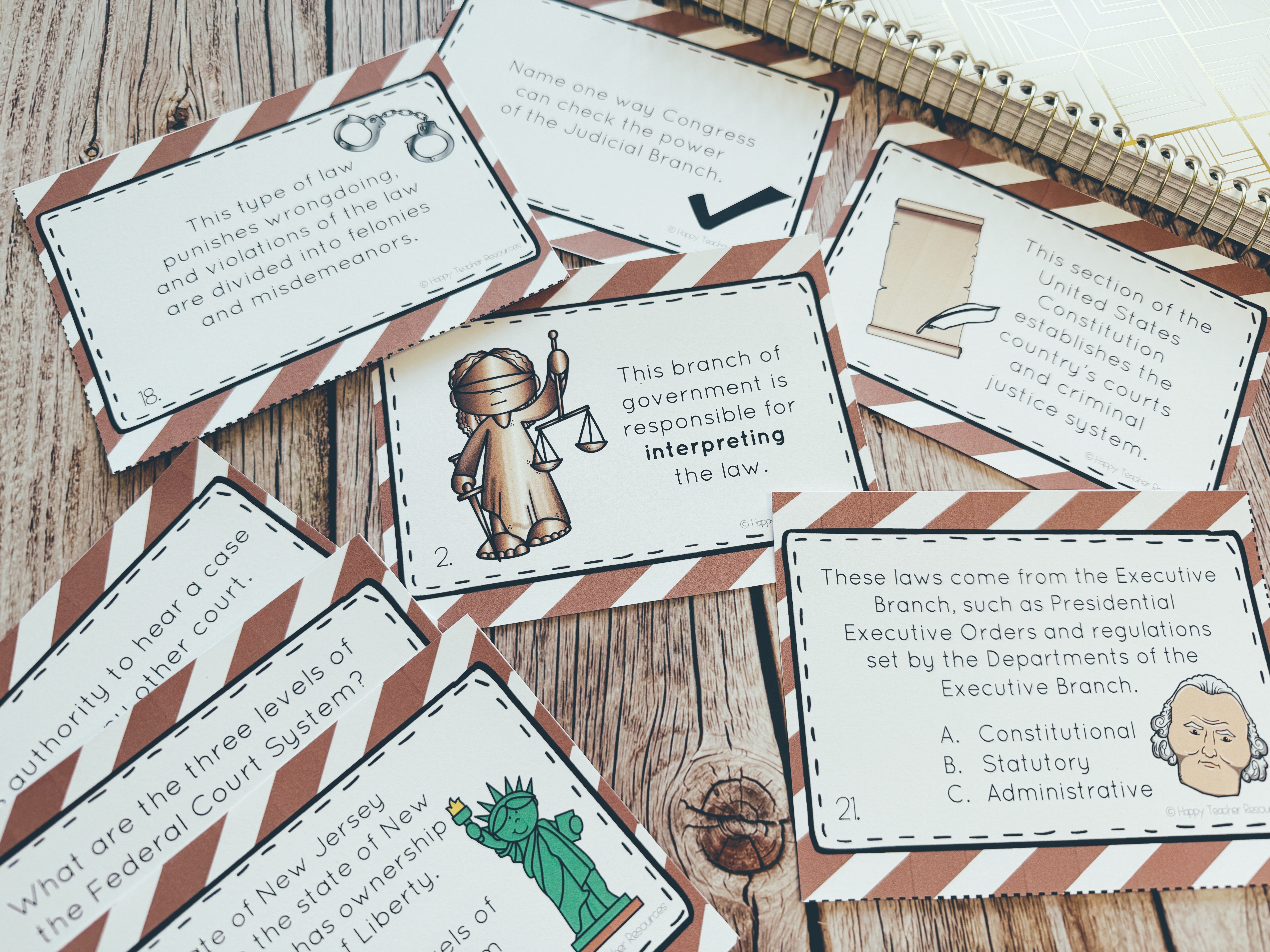 Judicial Branch Civics Task Cards are arranged on a tabletop