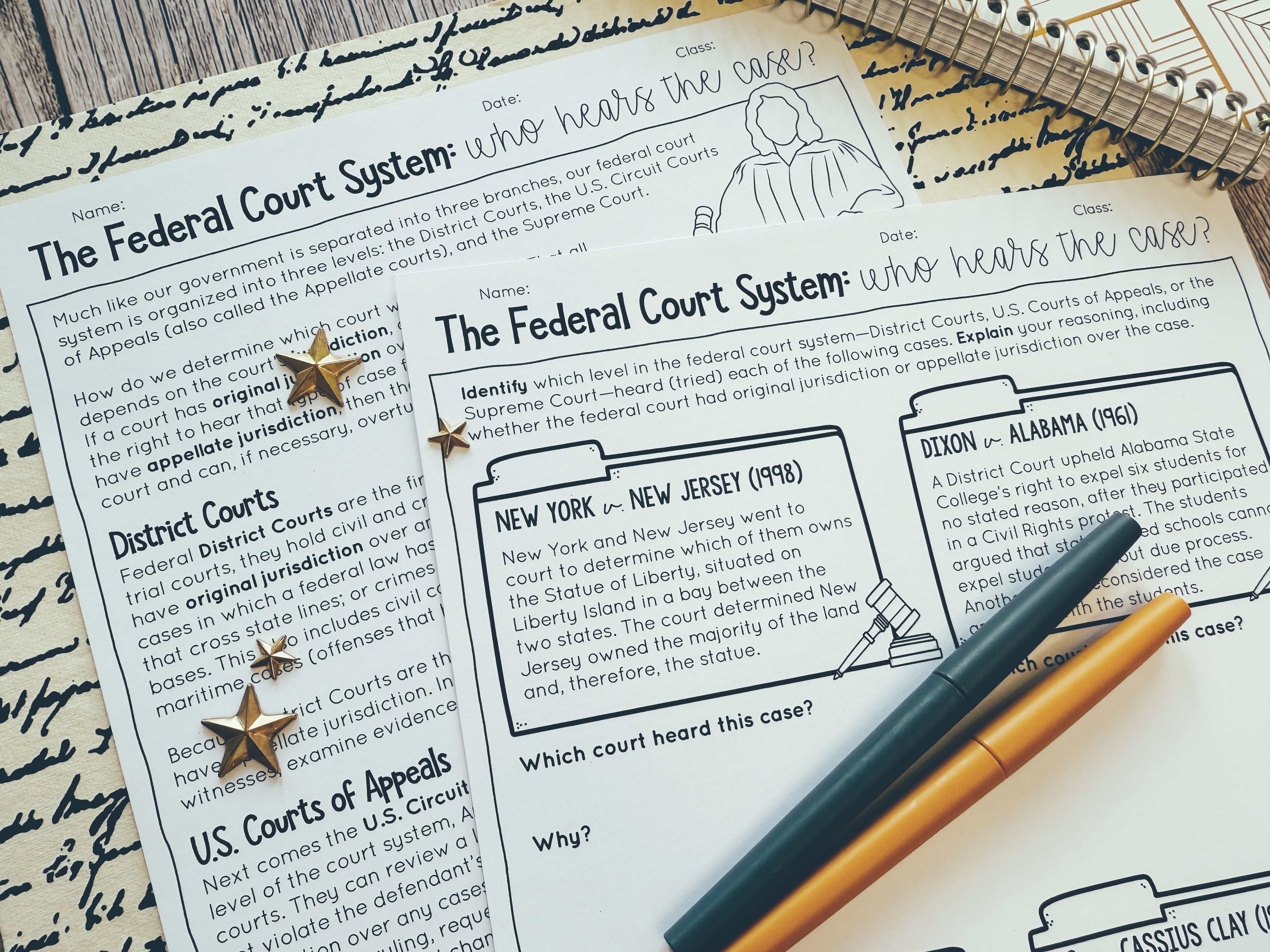Judicial Branch Federal Court System Who Hears the Case article and scenario activity displayed on a table