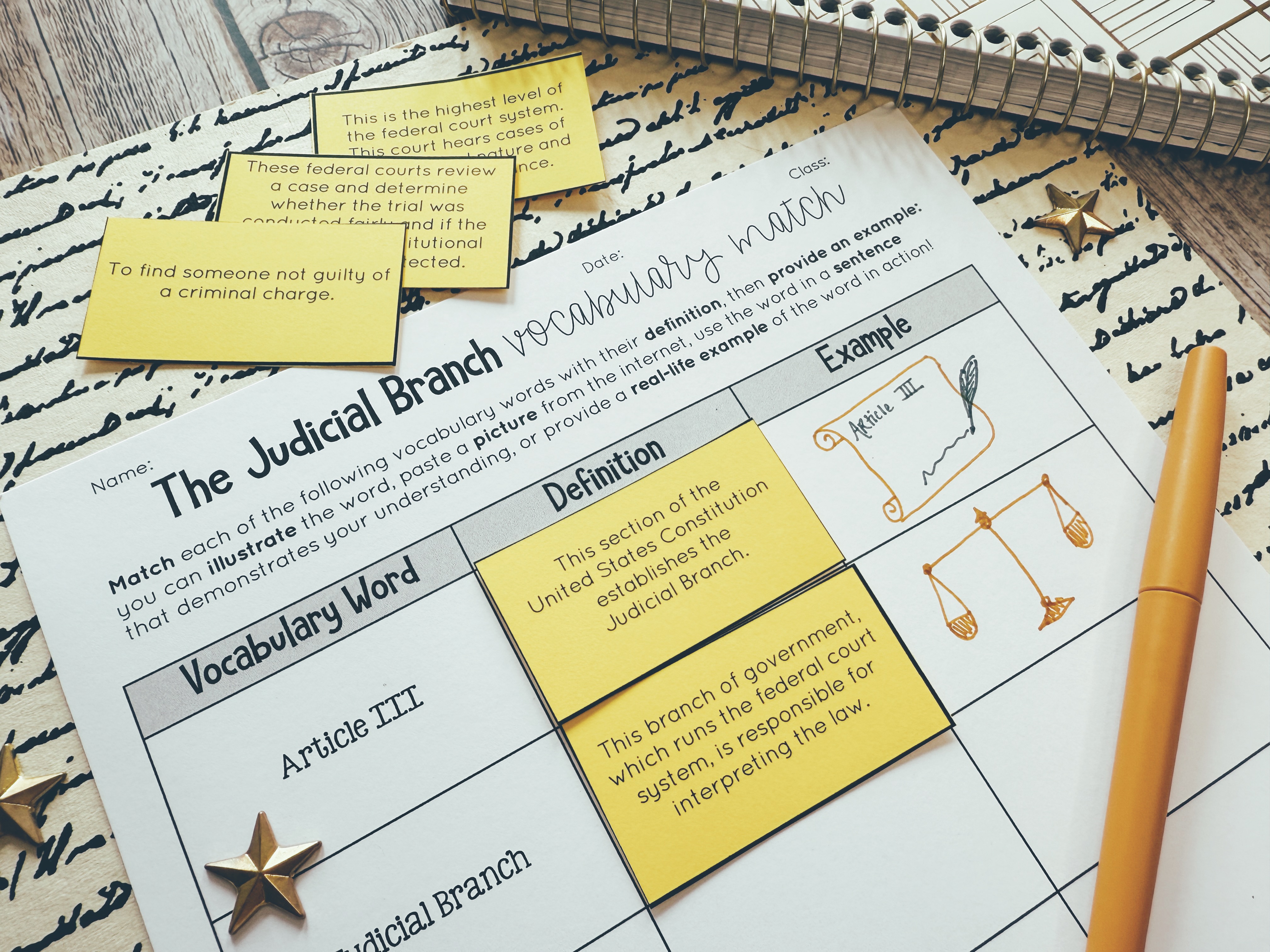 Judicial Branch Vocabulary Match displayed on a table.