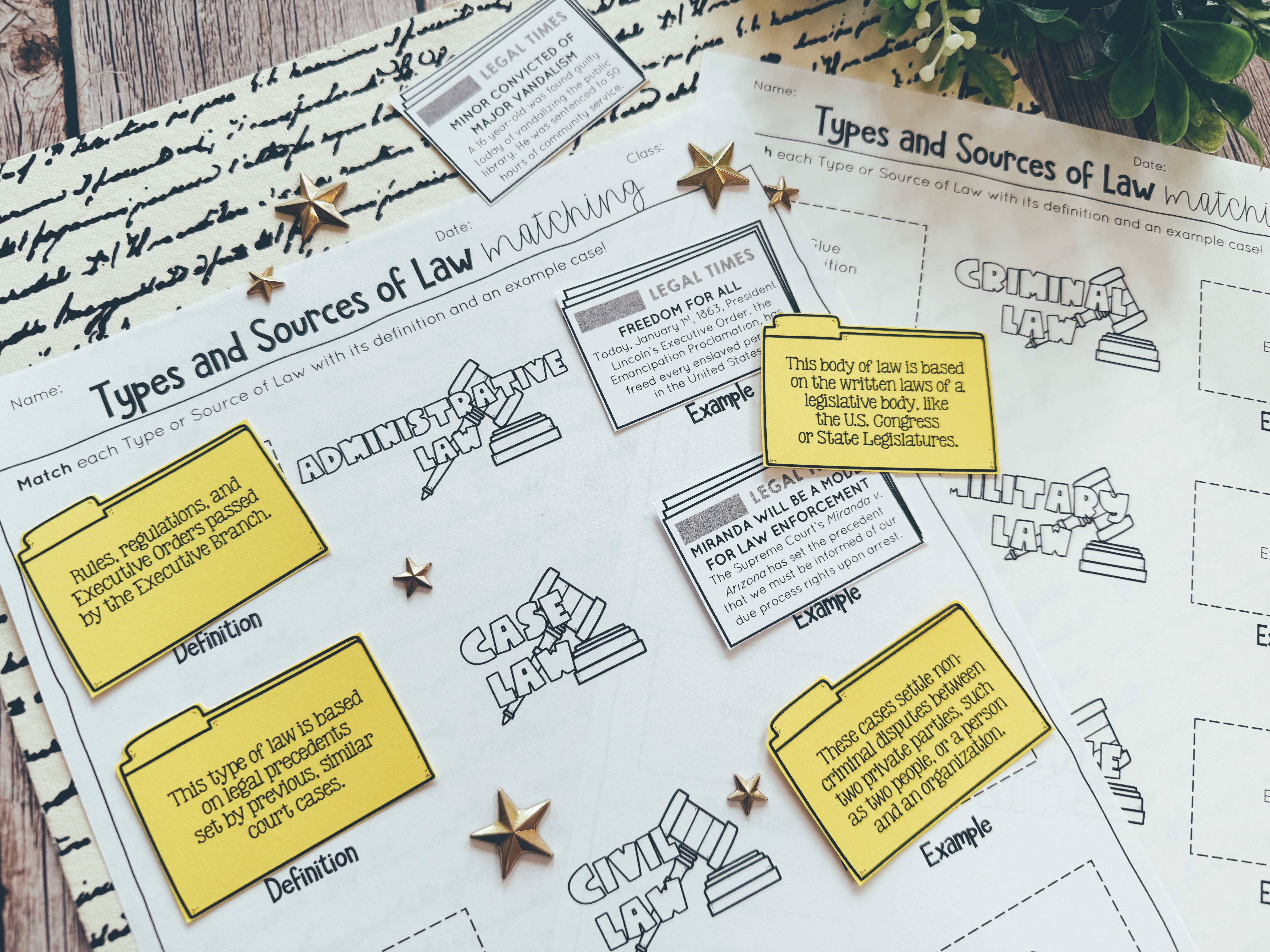 Types and Sources of Law Matching Activity displaced on a tabletop