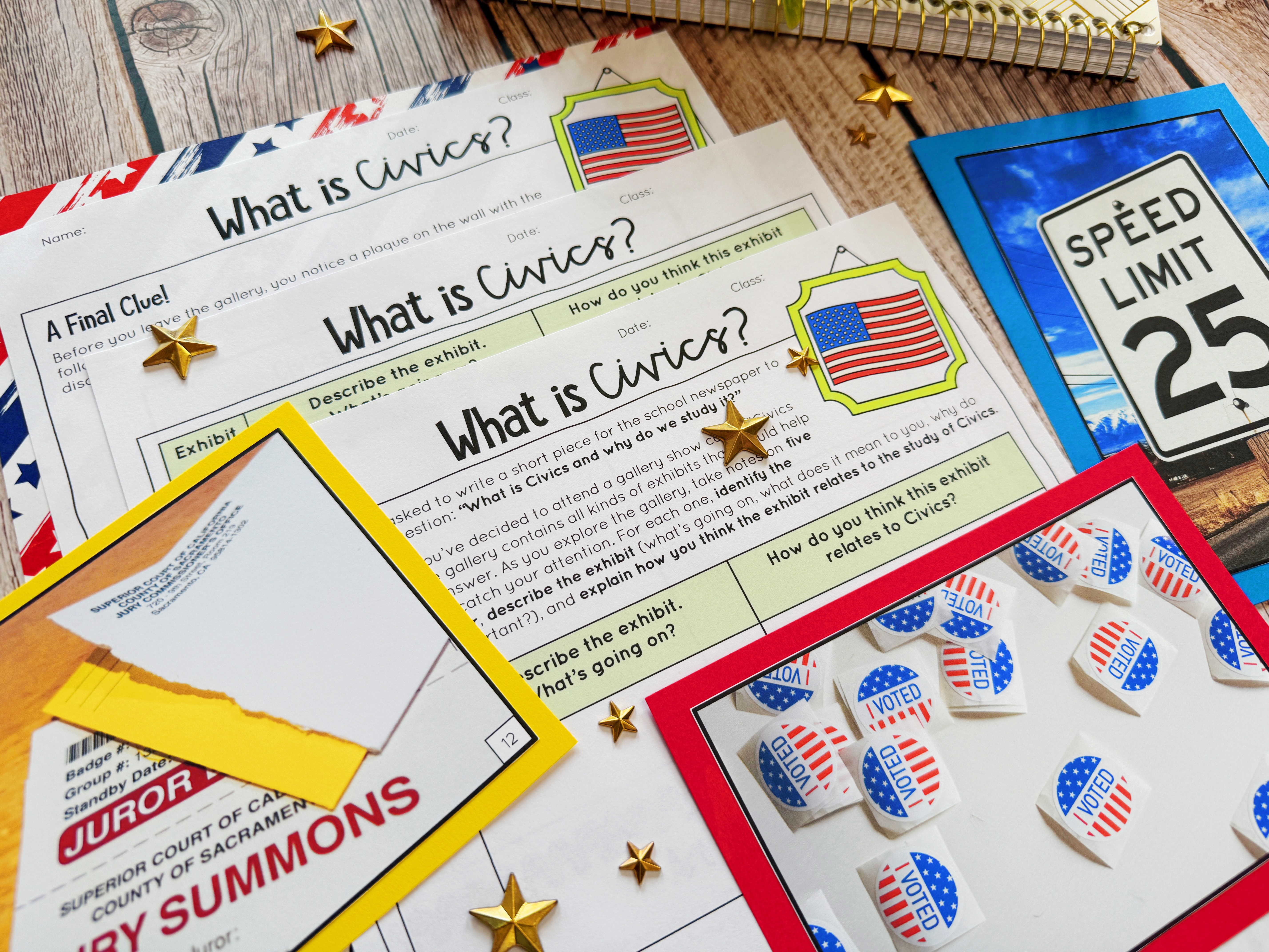 What is Civics? Gallery Walk article and sample images on a table.