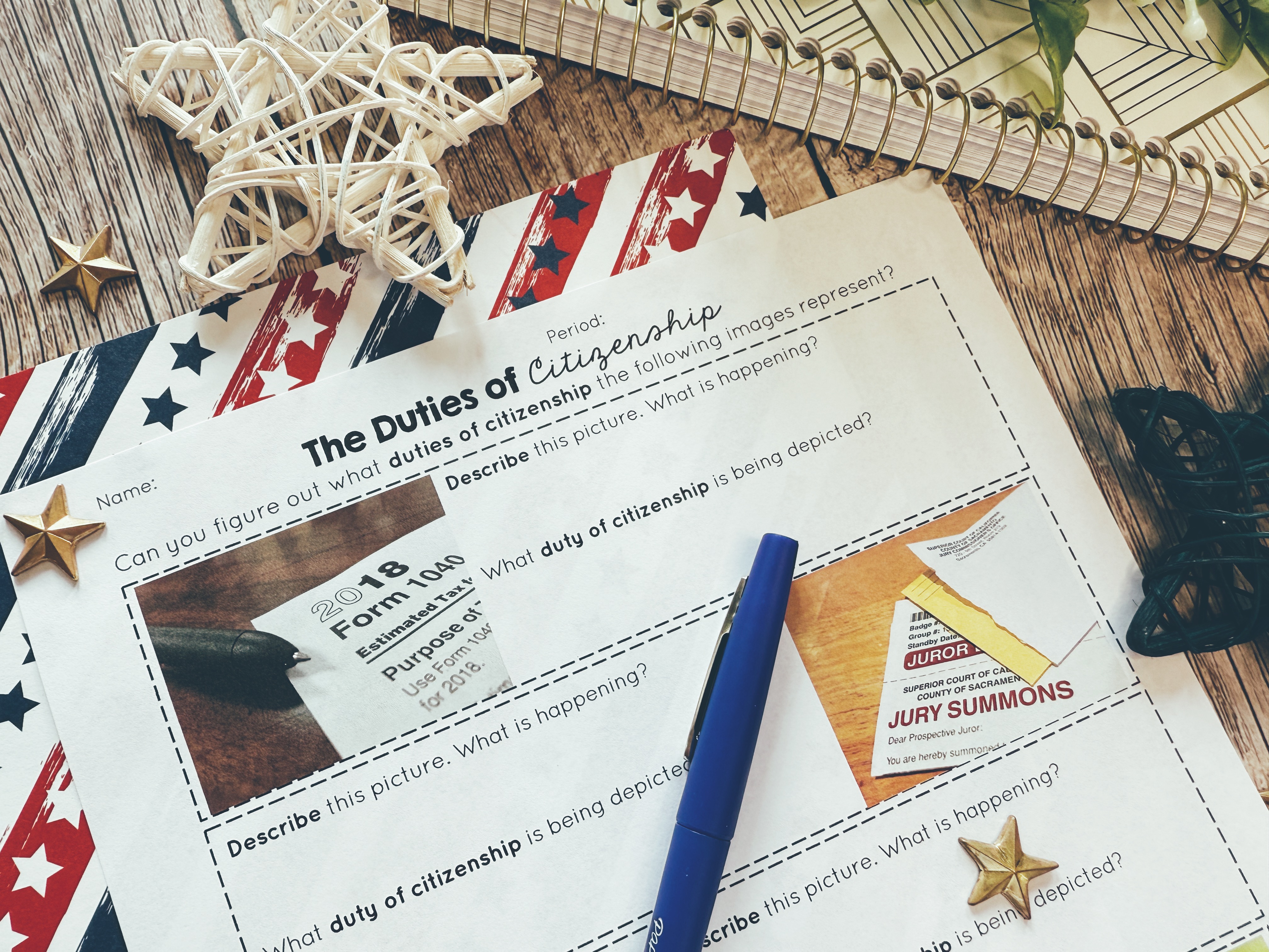 Duties of Citizenship worksheet displayed. Students match images to Civic Duties, such as an image of a tax return to the Civic Obligation to pay taxes.