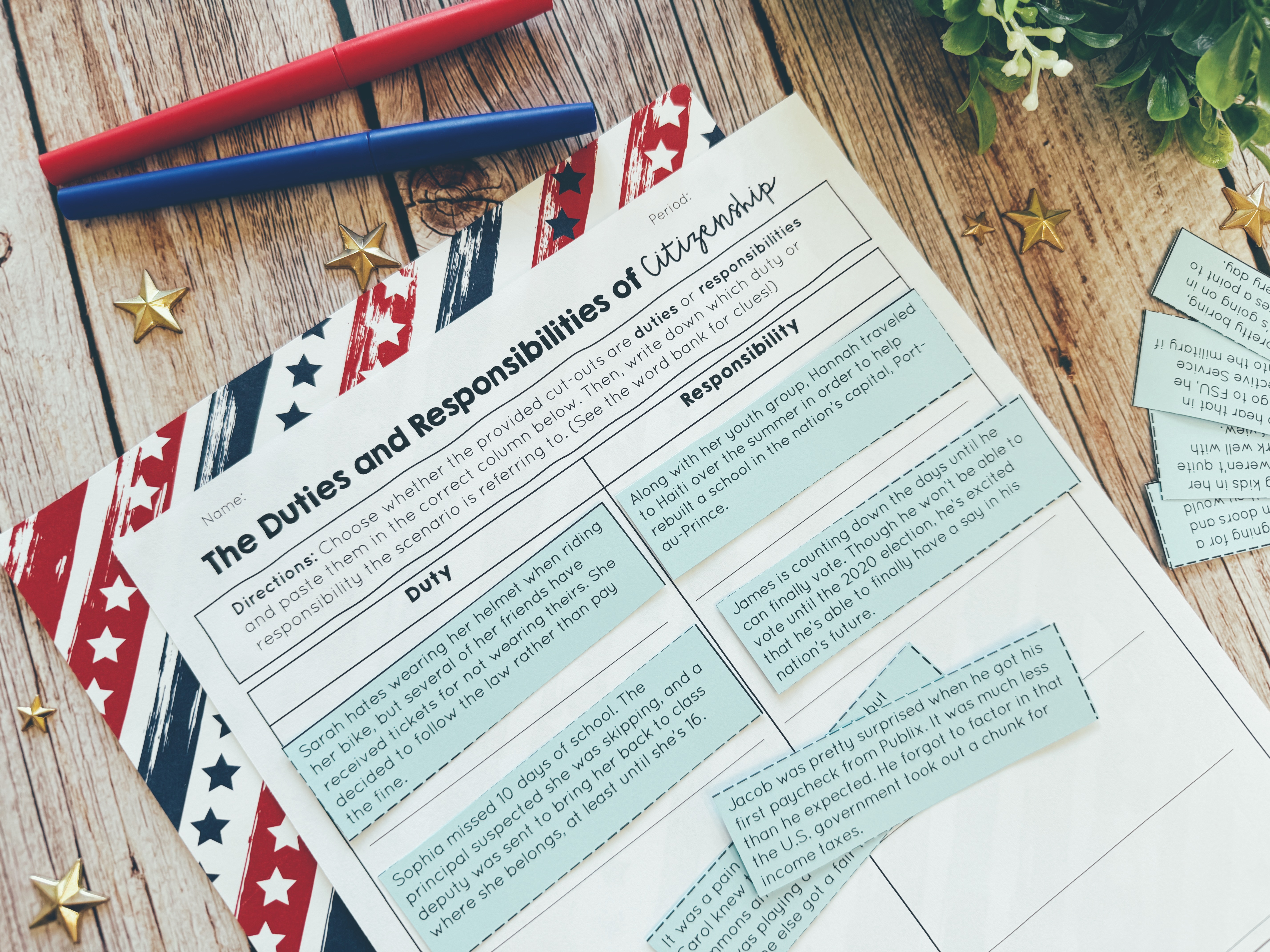 Duties and Responsibilities of Citizenship vocab match on a table.