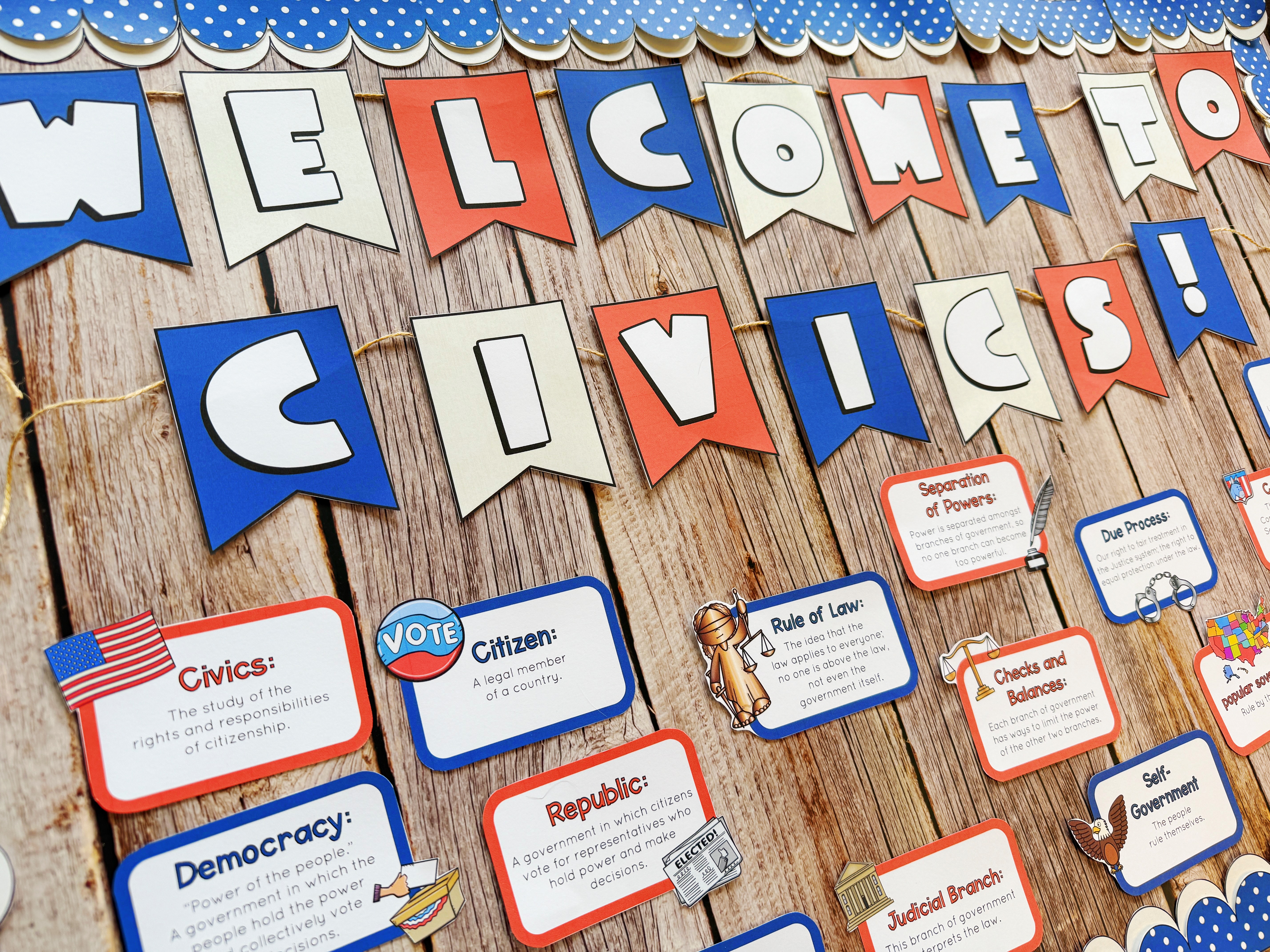 Welcome to Civics Welcome Banner displayed with vocabulary word wall.
