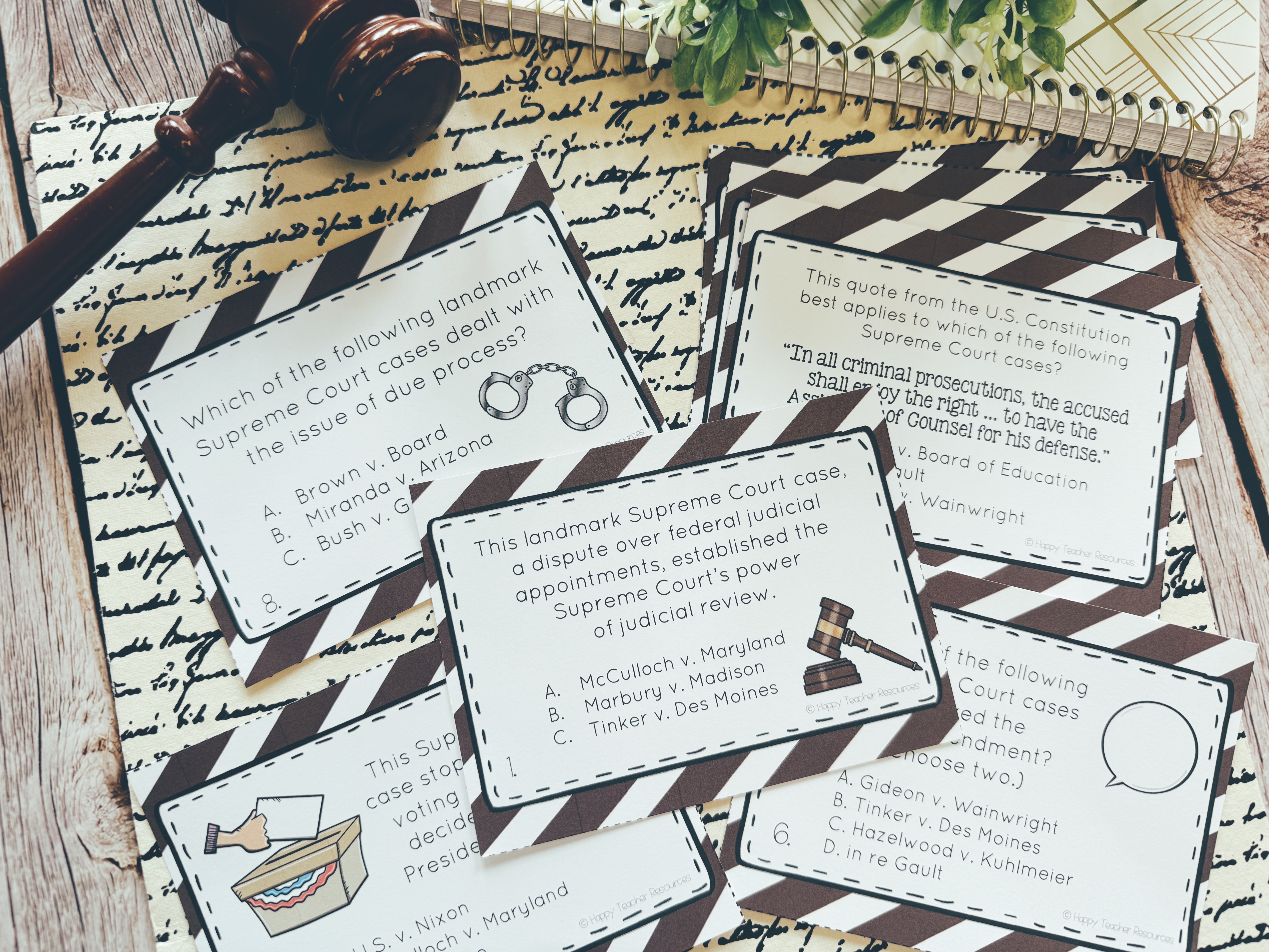 Landmark Supreme Court Case Task Cards arranged on a tabletop