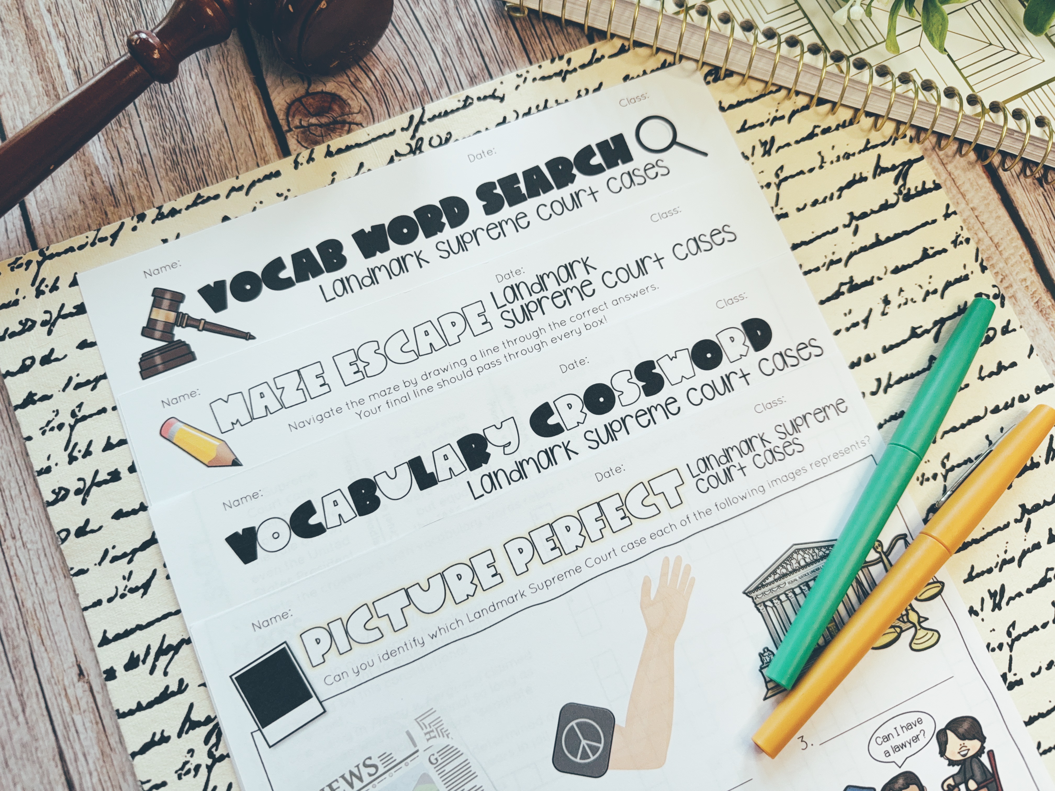 Landmark Supreme Court Cases Review Games are displayed on a table