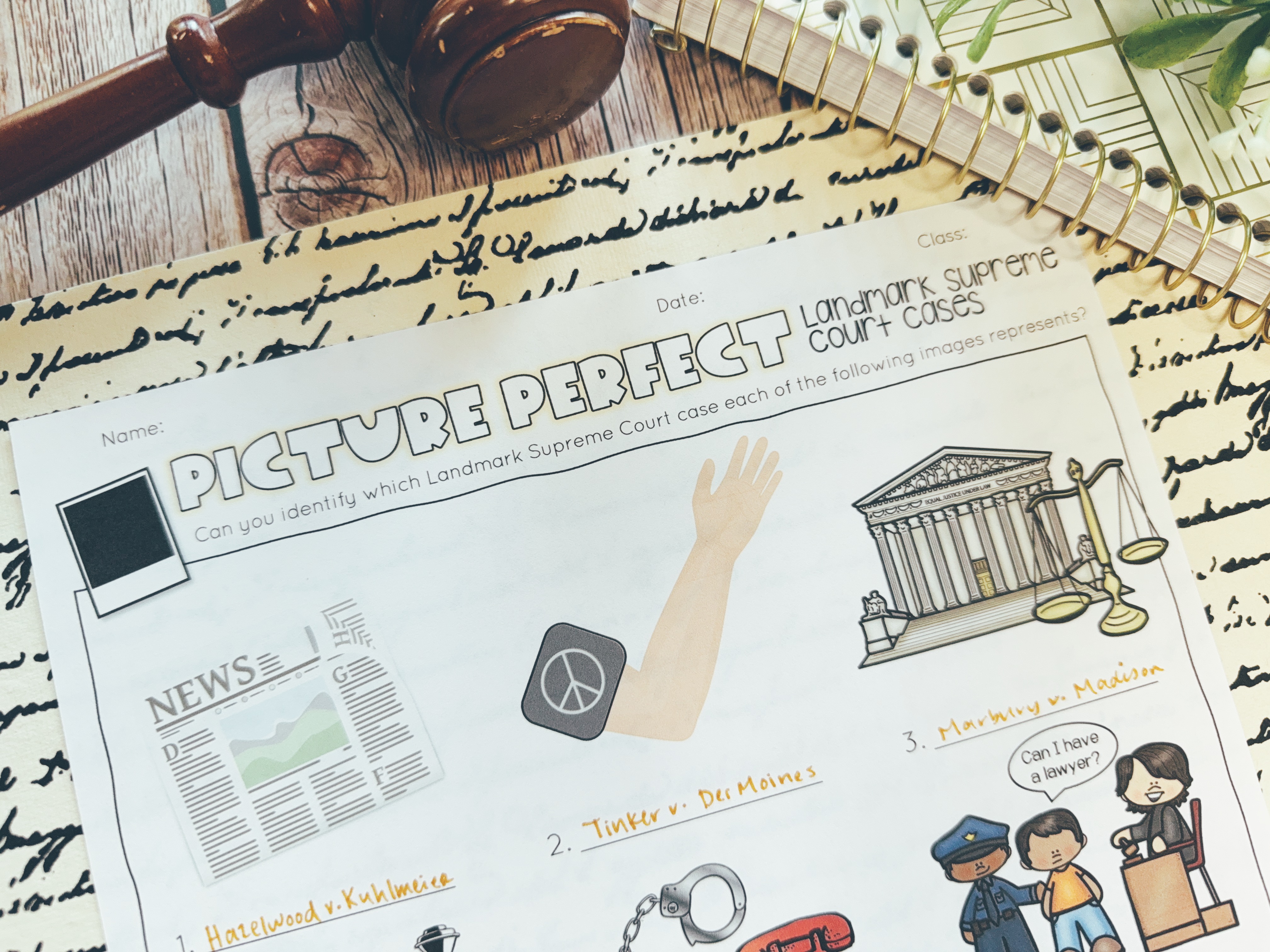 Landmark Supreme Court Cases Review Games "Picture Perfect" Game is displayed, where students match images to Supreme Court Cases.