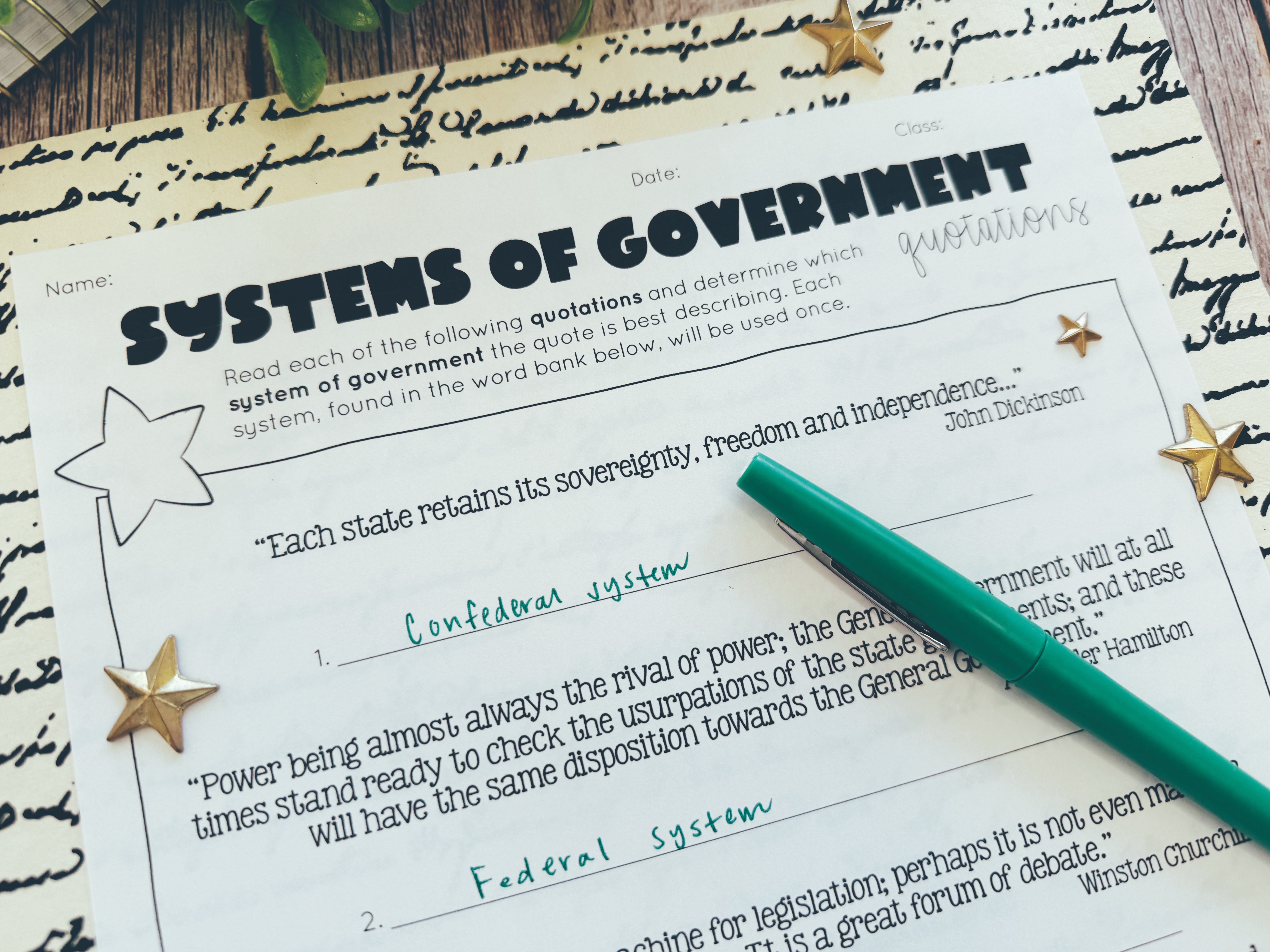 Systems of Government Quotation Match displayed on a table