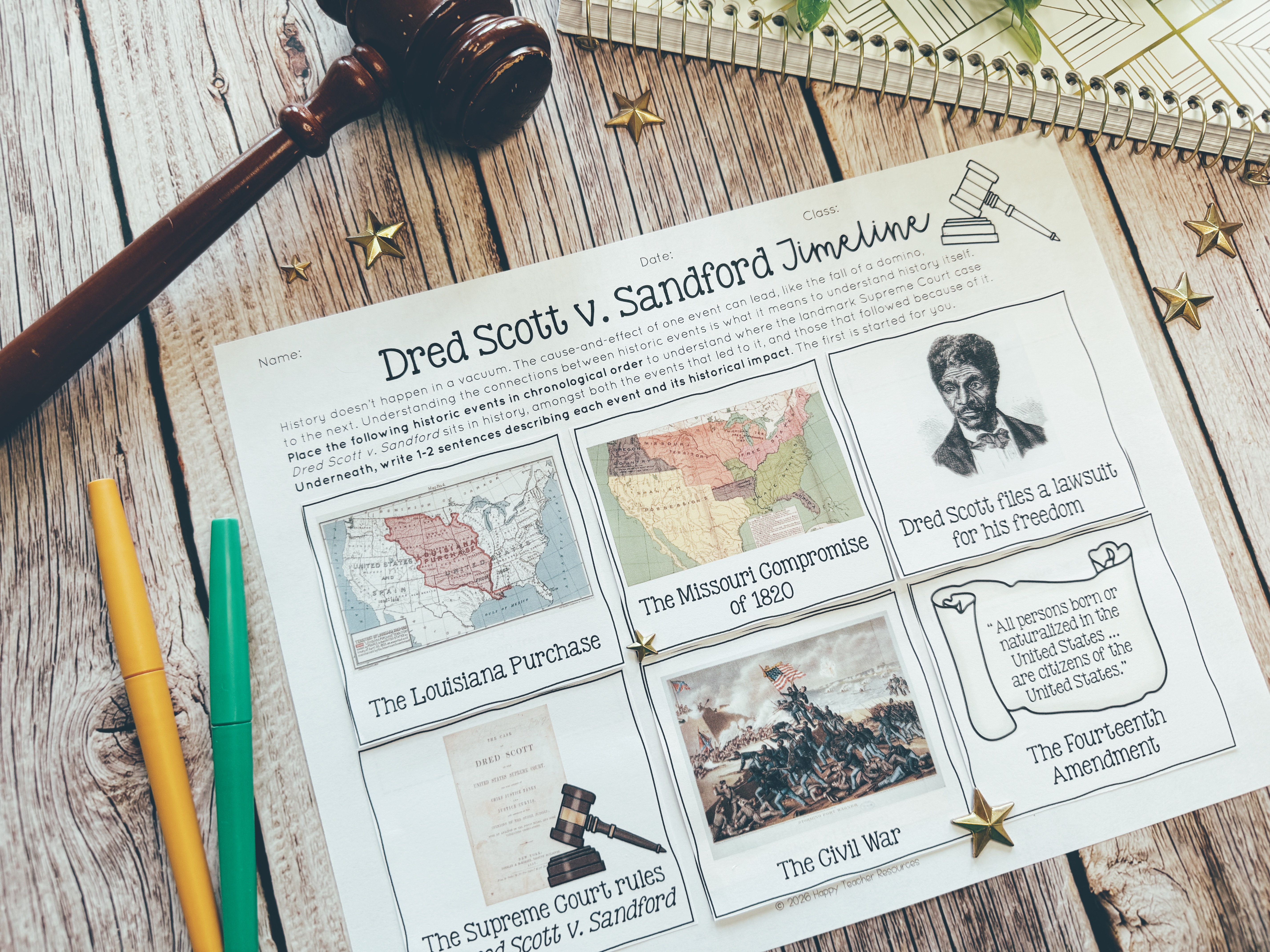 Dred Scott v. Sandford timeline worksheet is displayed on a table.
