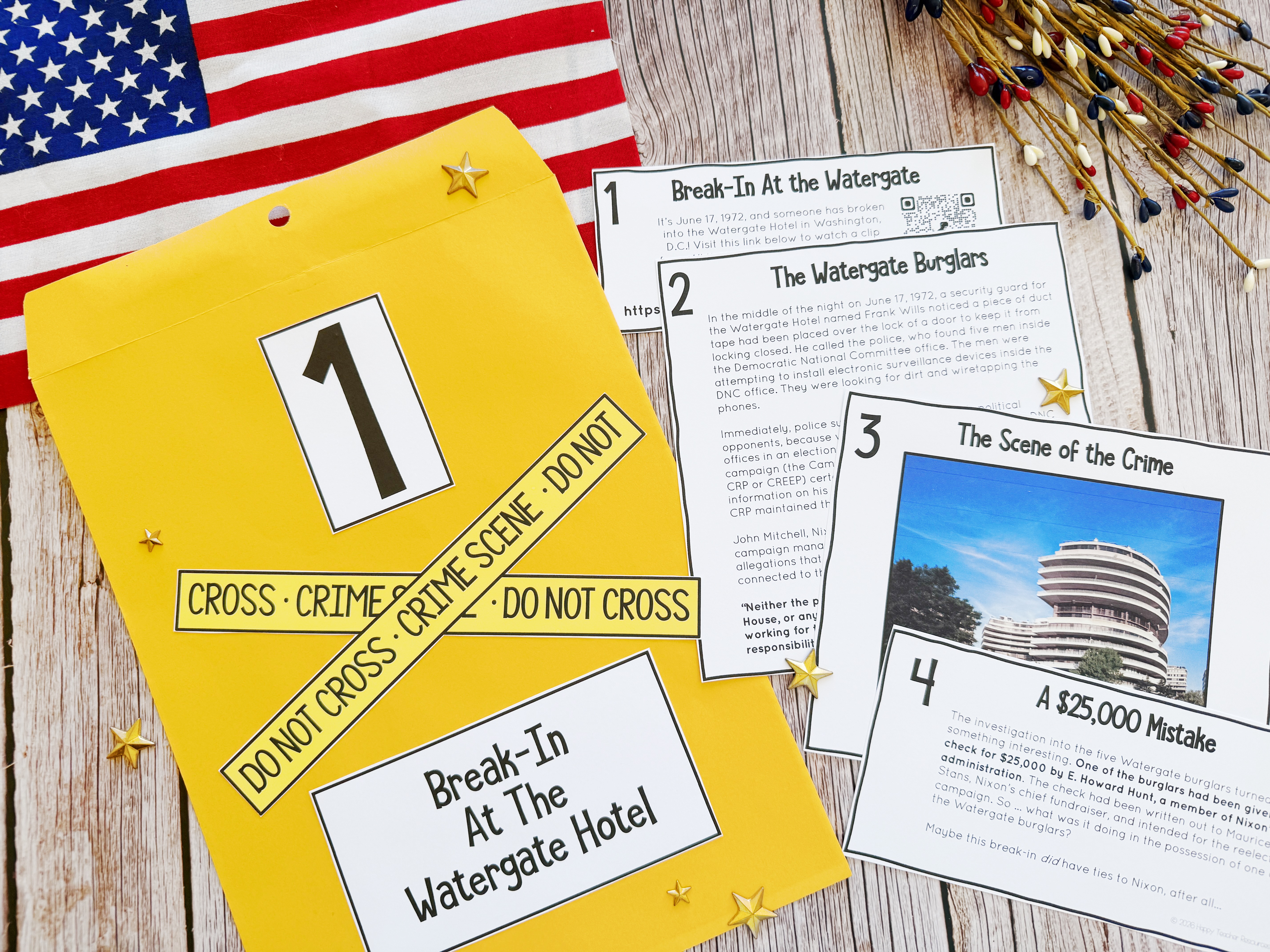 The U.S. v. Nixon and Watergate Scandal Activity for Civics & American History is displayed on a table with the complete worksheet.