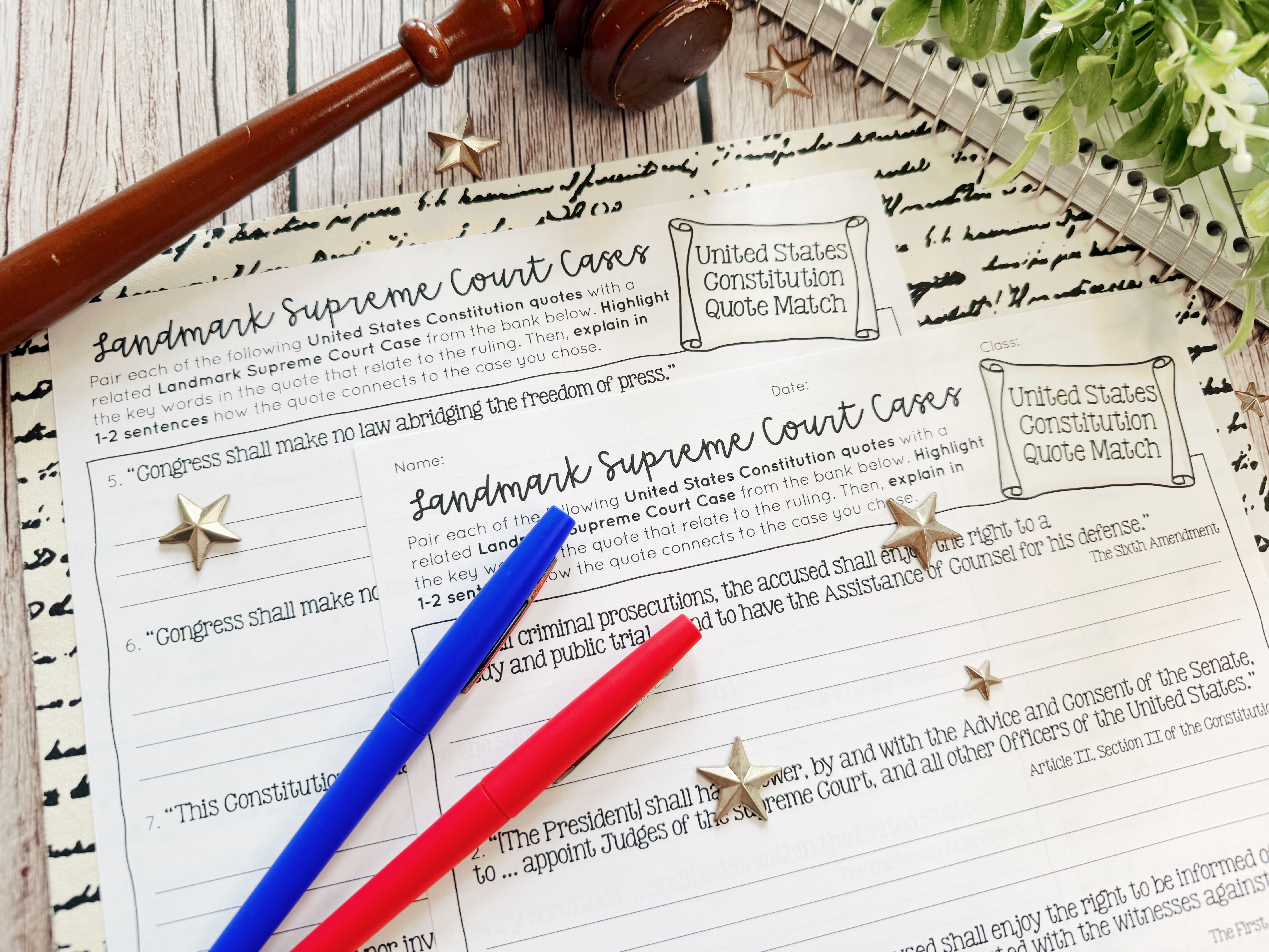 The Landmark Supreme Court Cases Constitution Quote Match worksheets displayed on a table