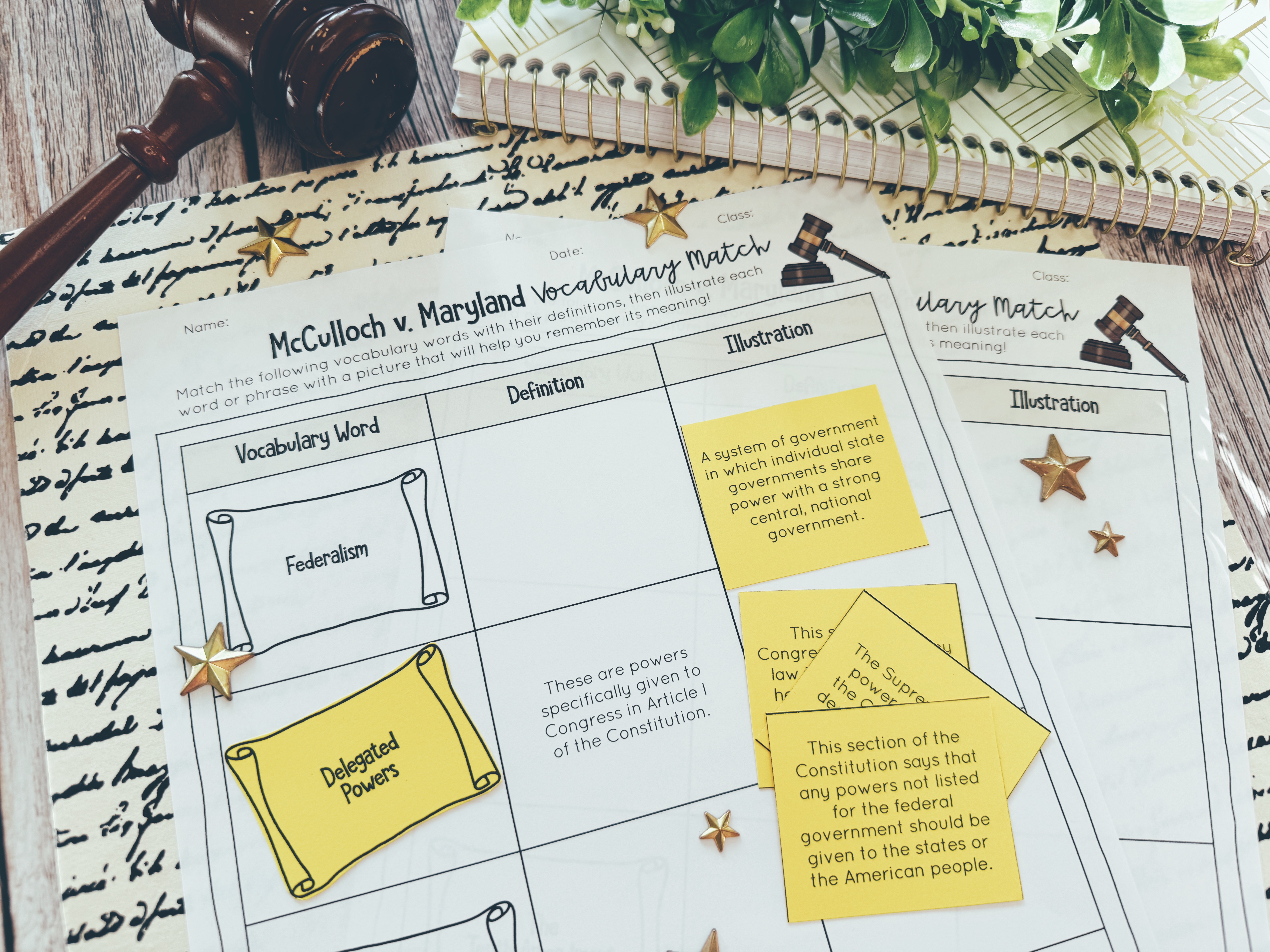 McCulloch v Maryland vocabulary cut and paste review displayed on a table.