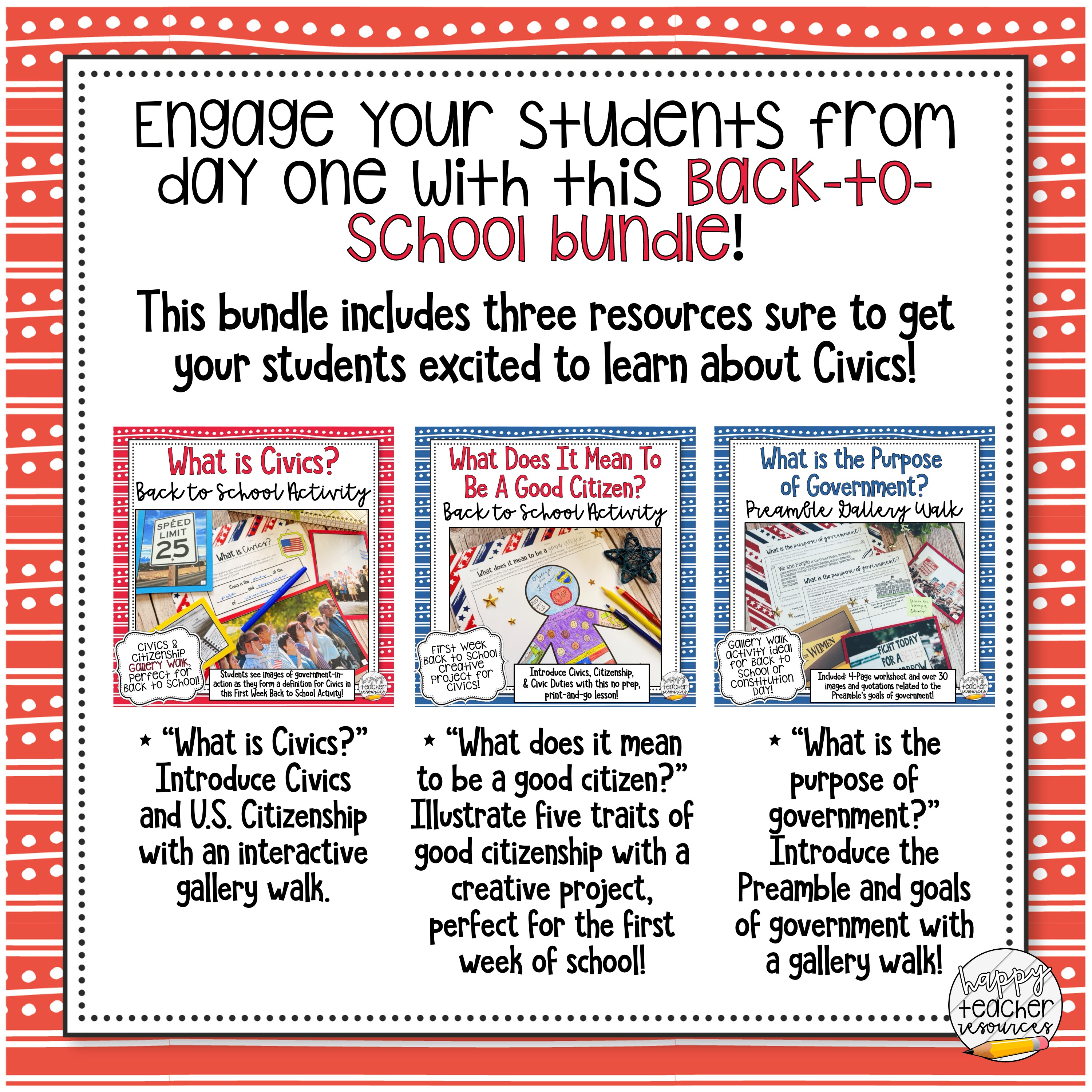 Civics Back to School Bundle thumbnail says, "engage your students from day one with this Back to School bundle!"