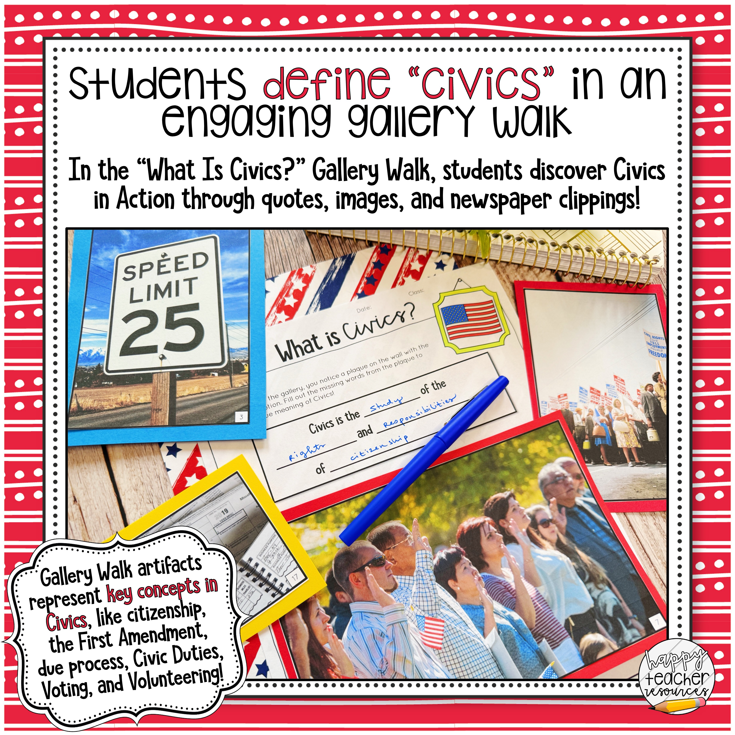 Civics Back to School Bundle thumbnail says, "students define 'civics' in an engaging gallery walk."