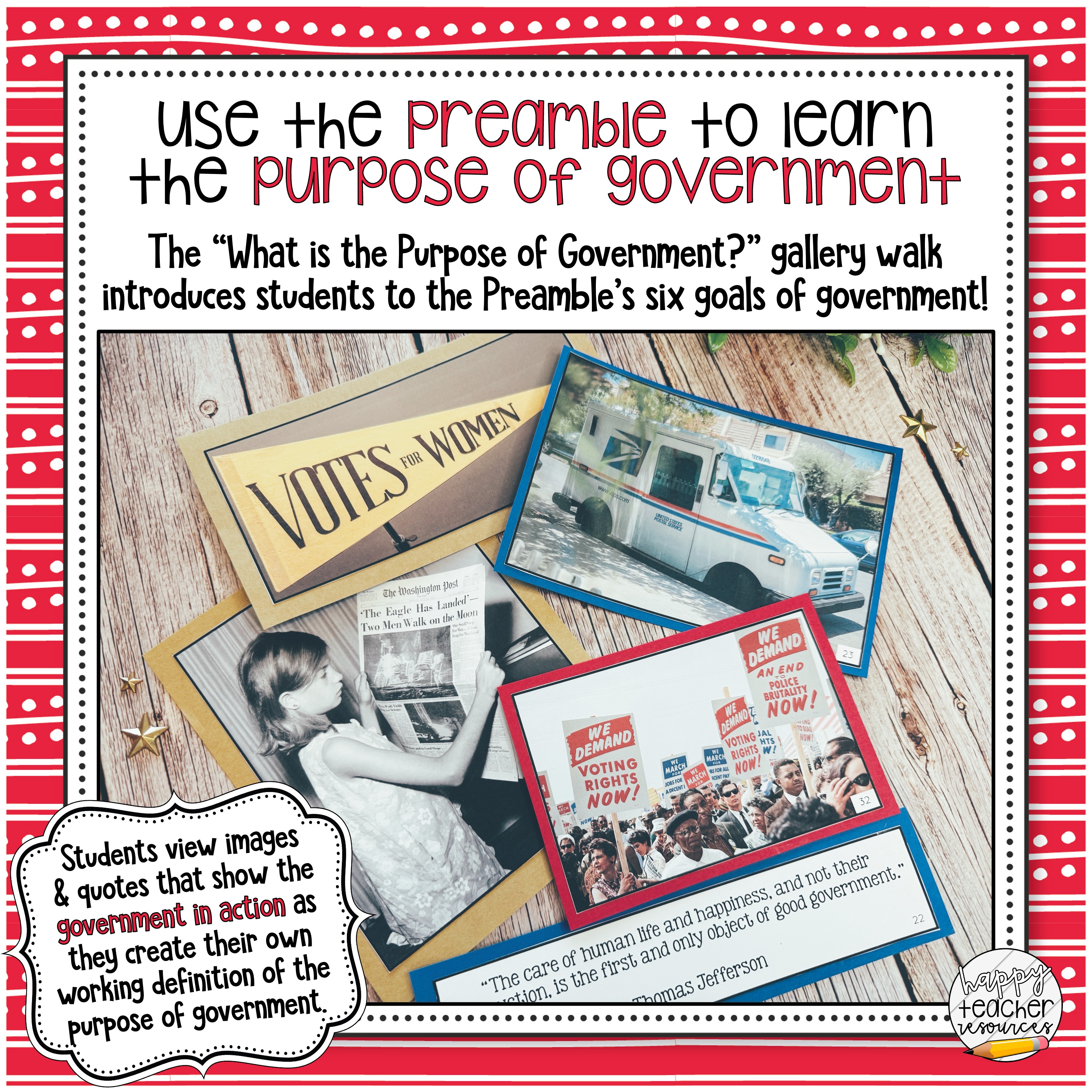 Civics Back to School Bundle thumbnail says, "use the preamble to learn the purpose of government."