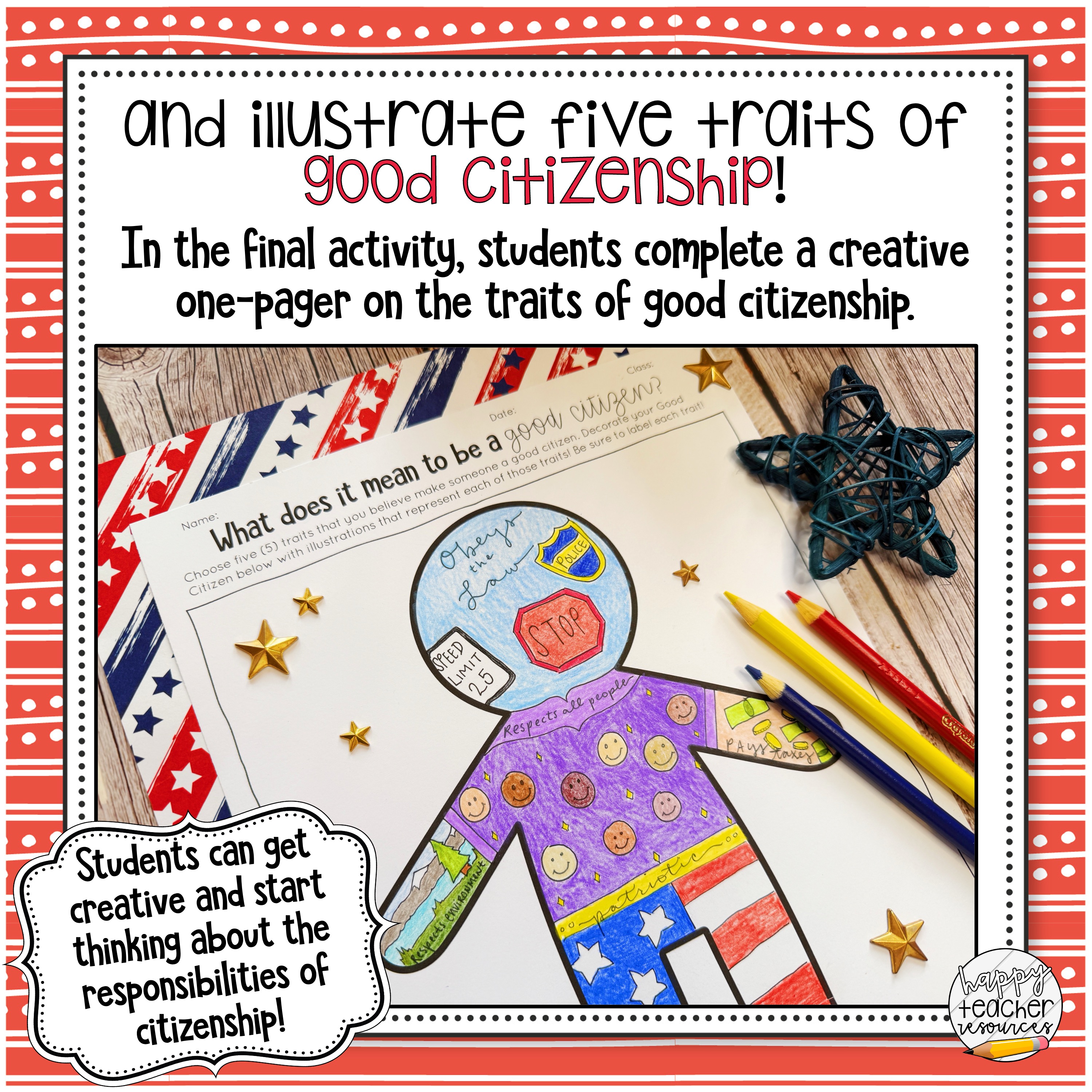 Civics Back to School Bundle thumbnail says, "and illustrate the five traits of good citizenship!"