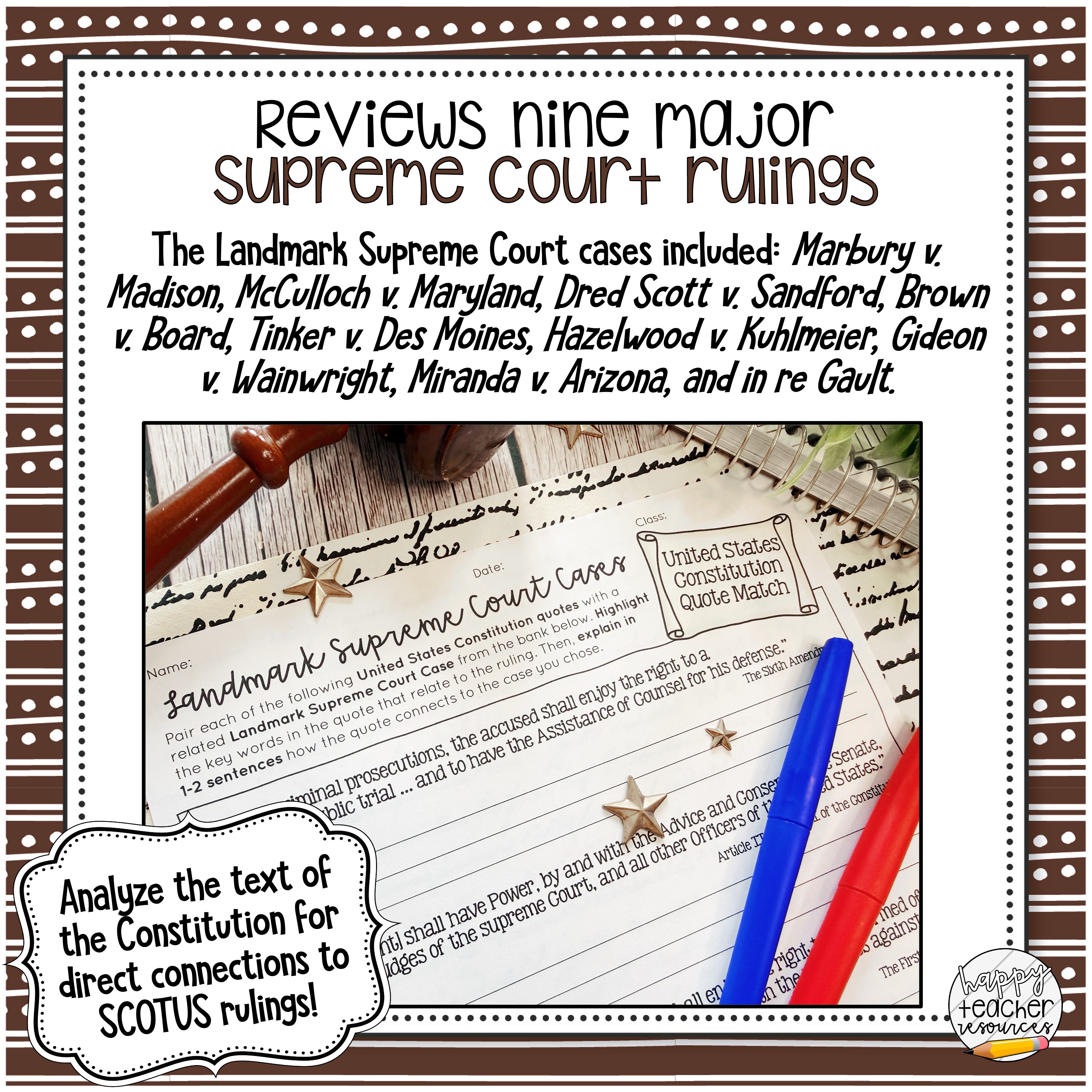 The Landmark Supreme Court Cases Constitution Quote Match thumbnail reads, "Reviews nine major supreme court rulings"