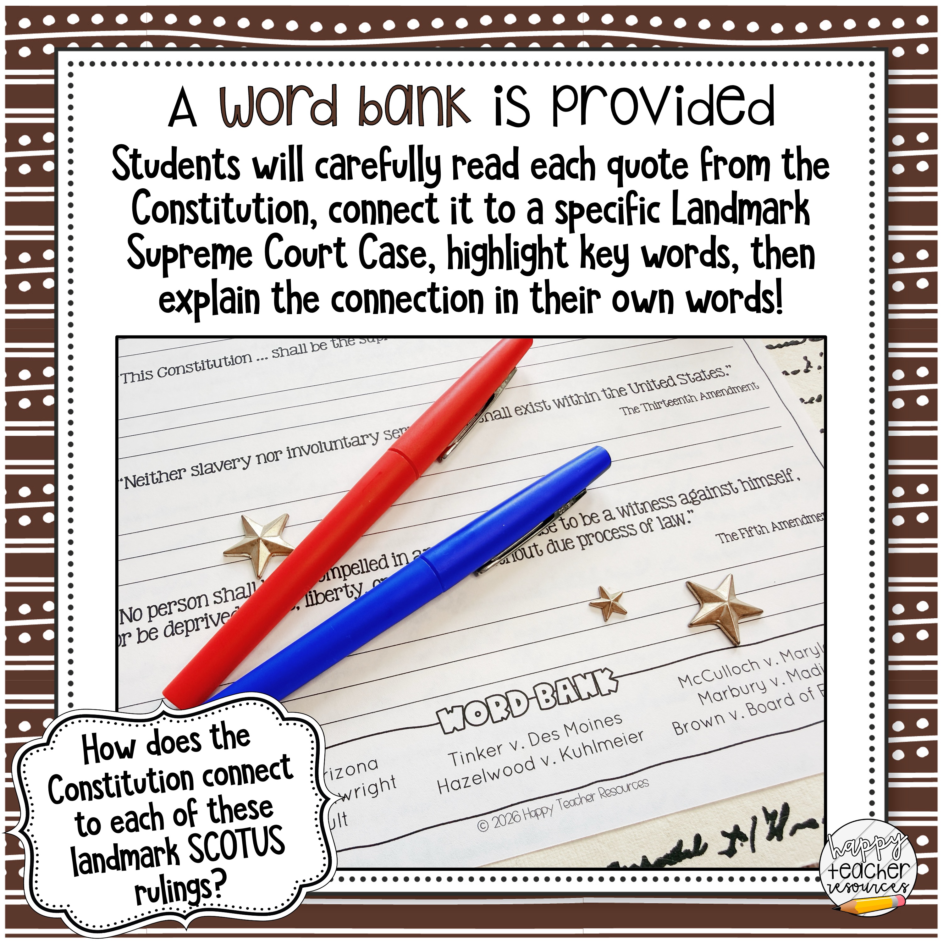 The Landmark Supreme Court Cases Constitution Quote Match reads, "A word bank is provided!"