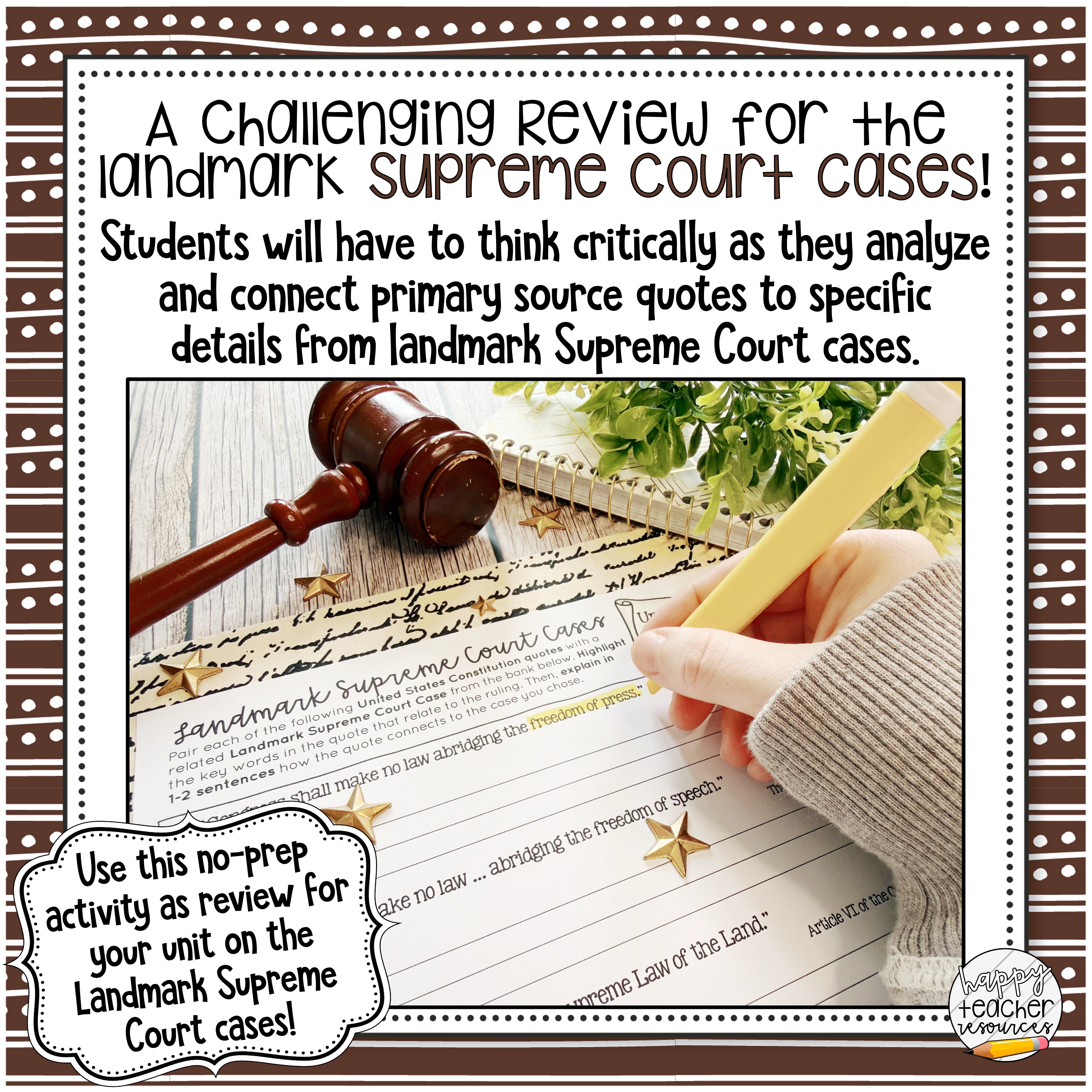 The Landmark Supreme Court Cases Constitution Quote Match thumbnail reads: A challenging review for the landmark Supreme Court Cases!