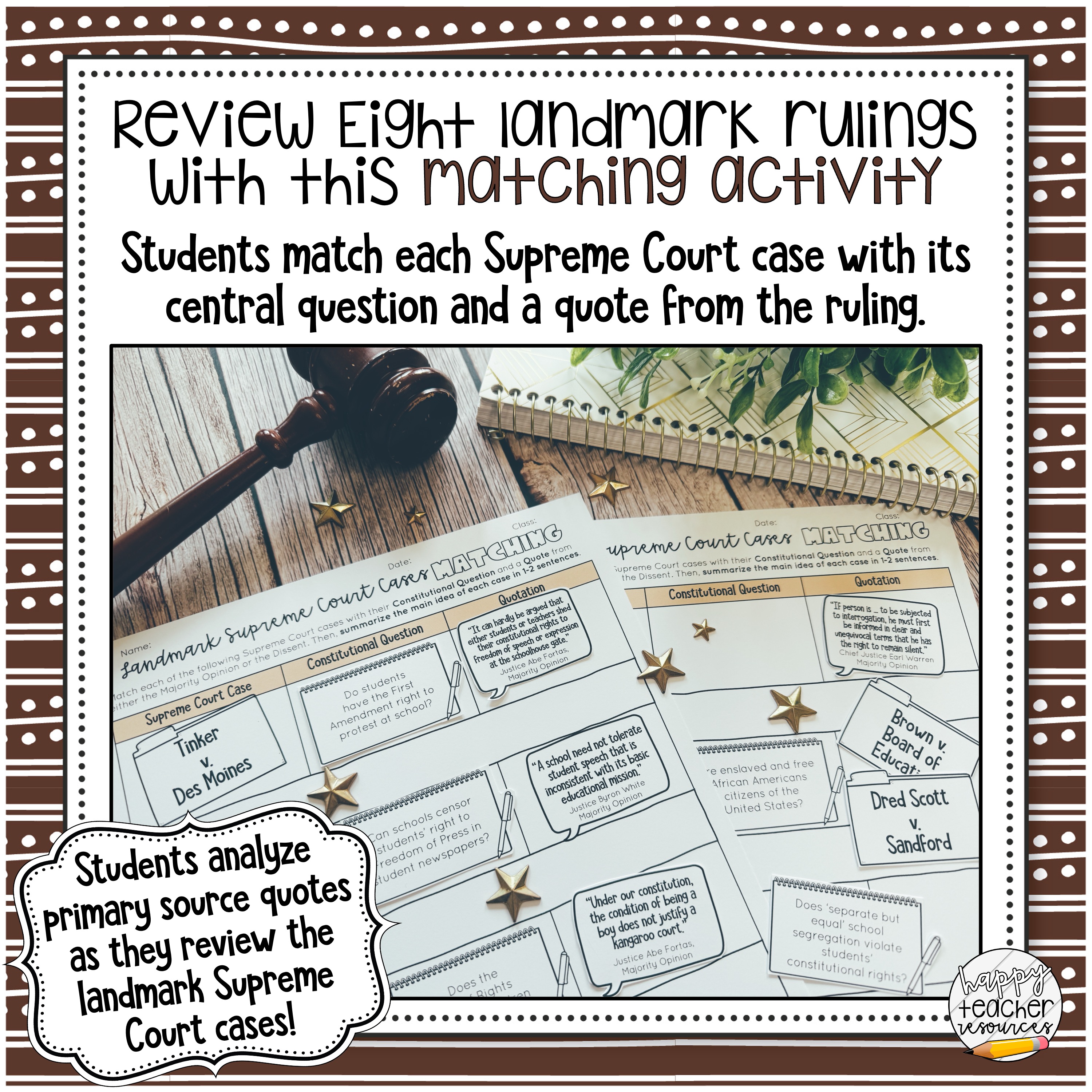 The Landmark Supreme Court Cases Matching Activity reads, "Review eight landmark rulings with this Matching Activity."
