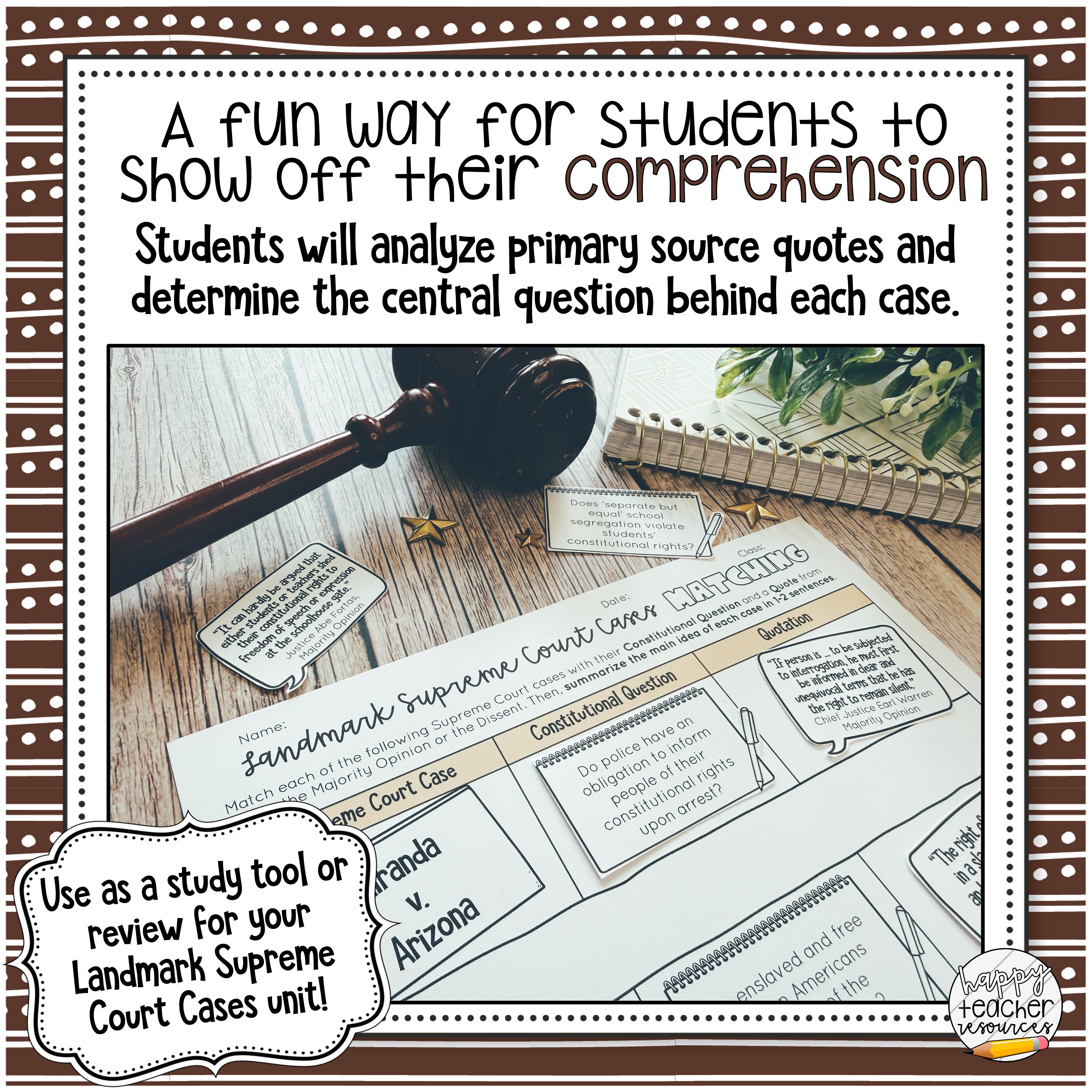 The Landmark Supreme Court Cases Matching Activity reads, "A fun way for students to show off their comprehension." Students will analyze primary source quotes and determine the central question behind each case.