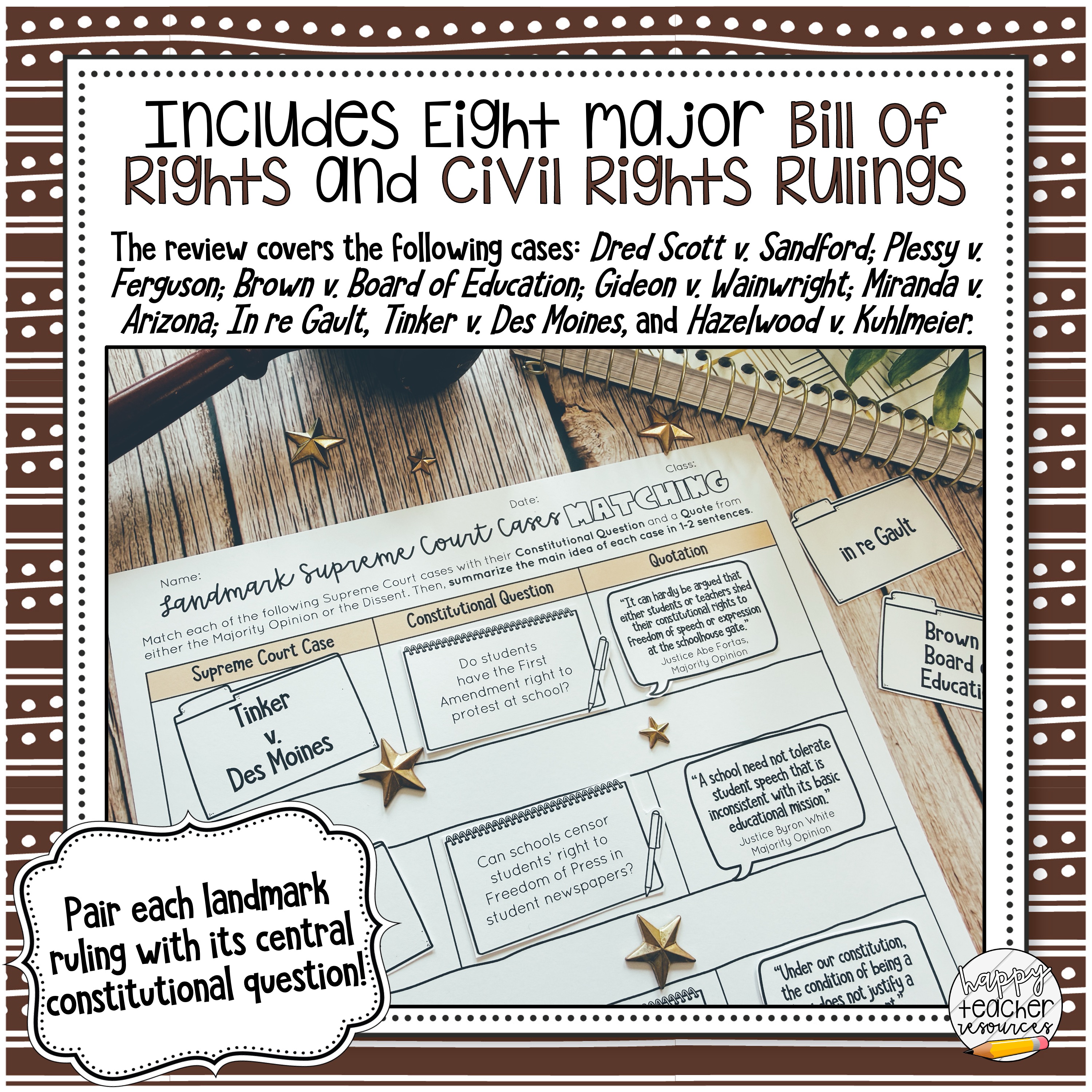 The Landmark Supreme Court Cases Matching Activity reads, "Includes eight major Bill of Rights and Civil Rights Rulings."