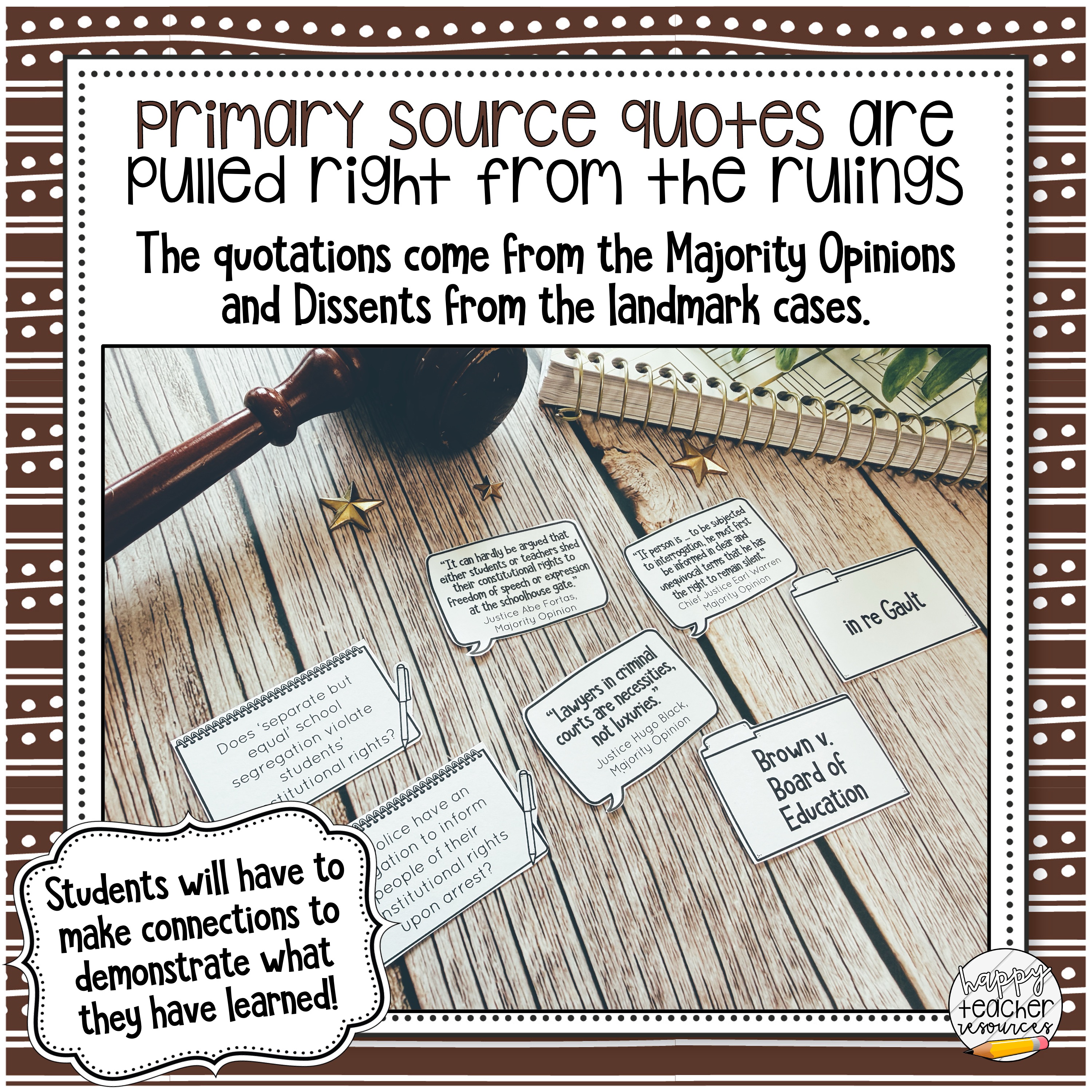 The Landmark Supreme Court Cases Matching Activity reads, "Primary source quotes are pulled right from the rulings!"