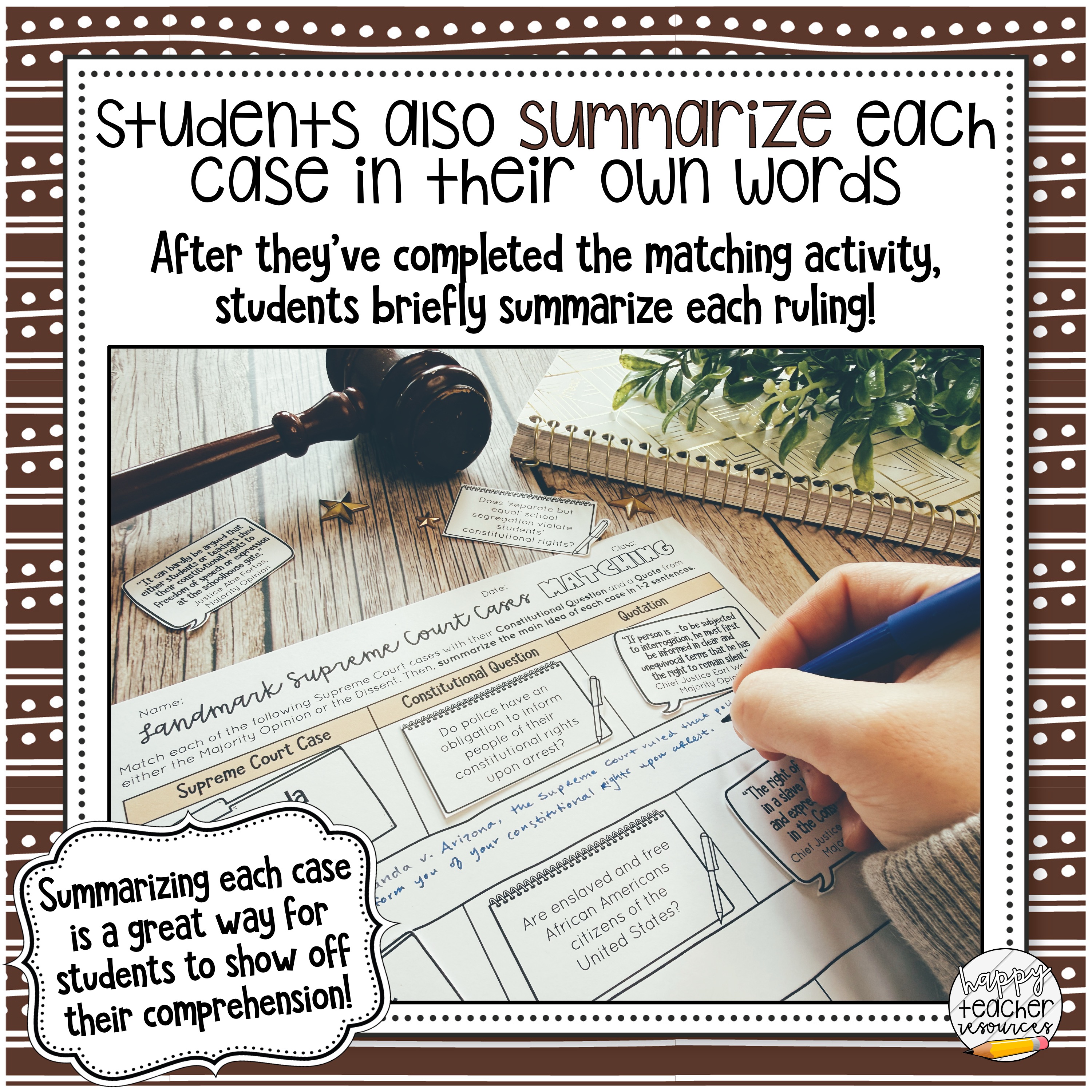 The Landmark Supreme Court Cases Matching Activity thumbnail reads: Students also summarize each case in their own words!"