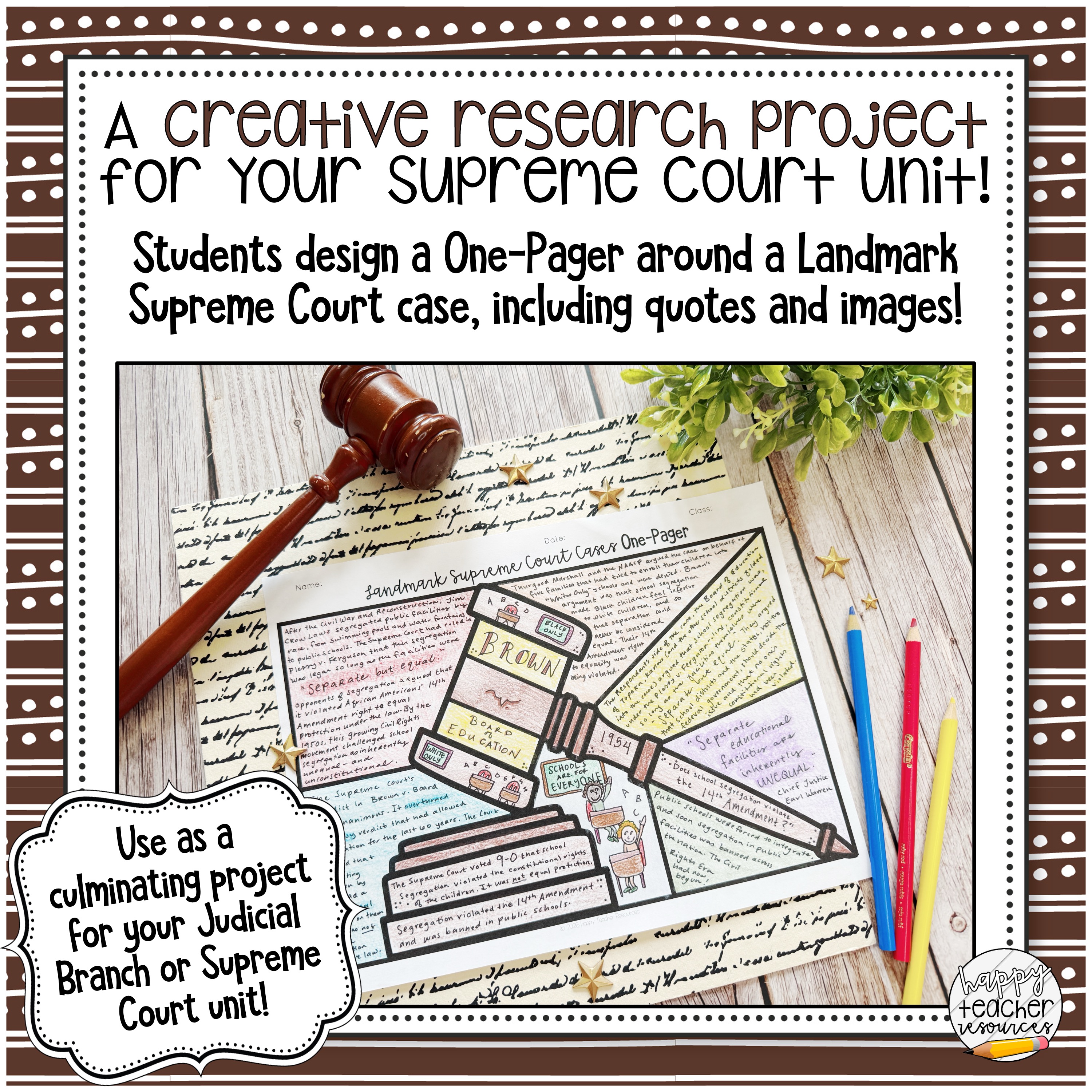 Landmark Supreme Court Cases One-Pager Activity for Civics, American Government, and American History thumbnail says, "A creative research project for your Supreme Court unit!"