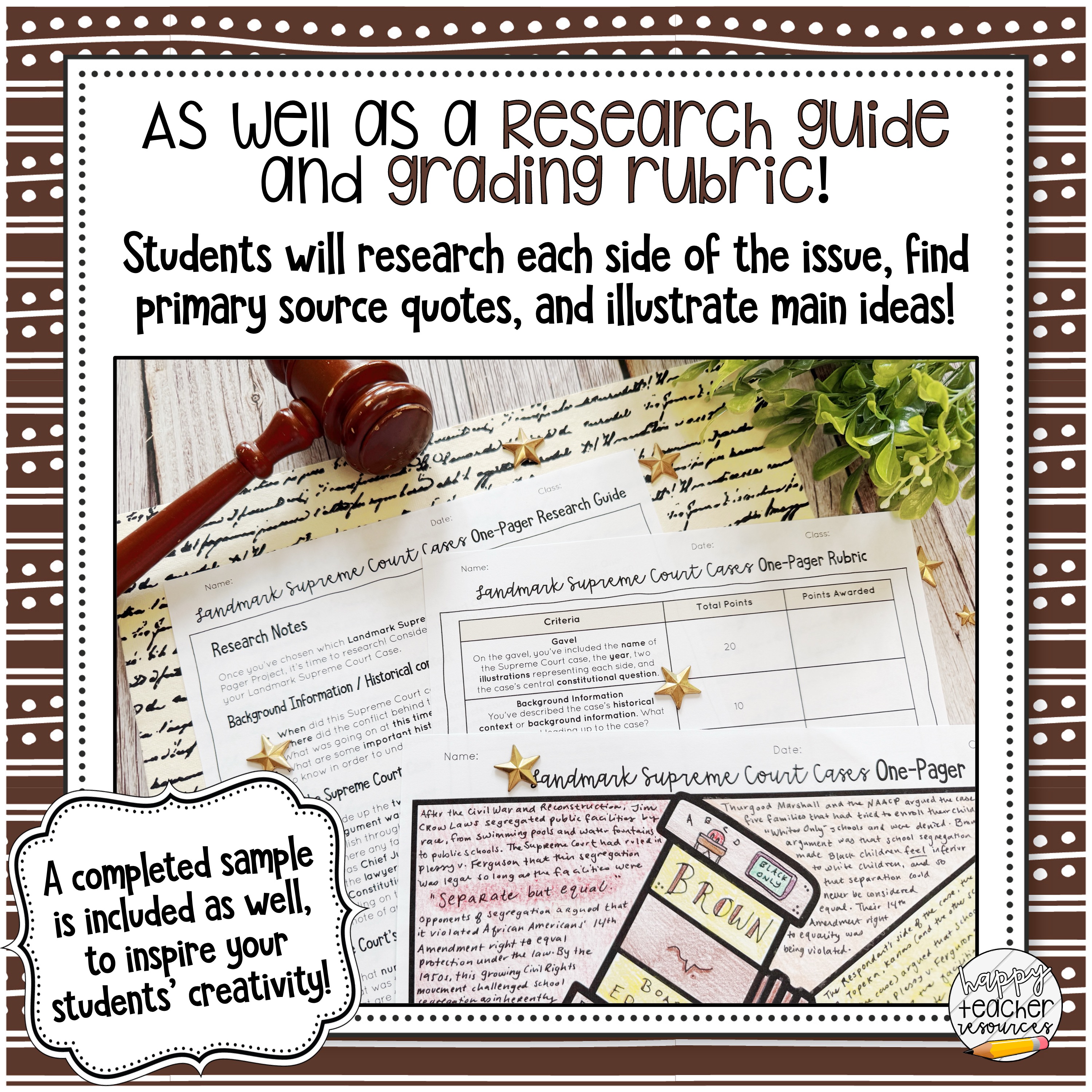 Landmark Supreme Court Cases One-Pager Activity for Civics, American Government, and American History thumbnail says, "as well as a research guide and grading rubric!"