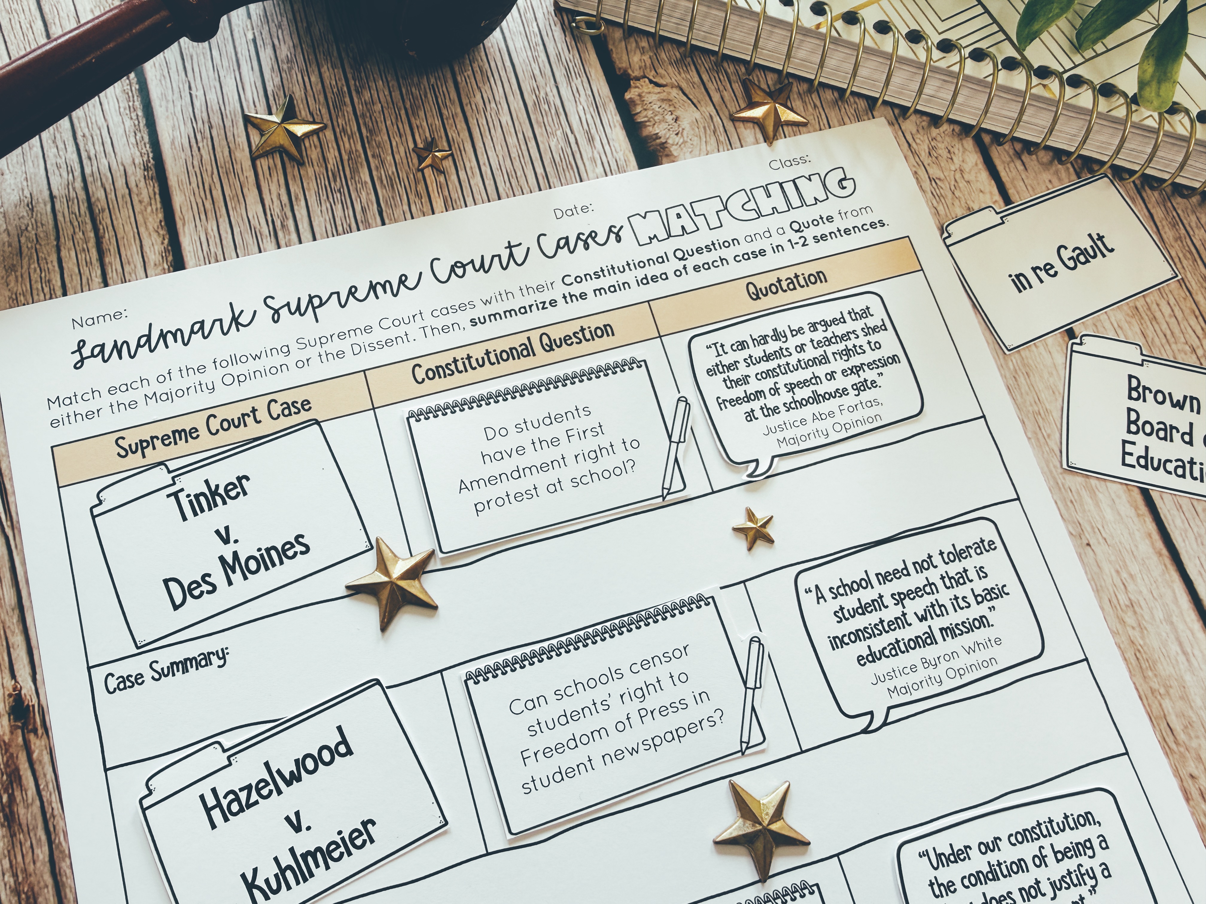 The Landmark Supreme Court Cases Matching Activity is displayed on a table.