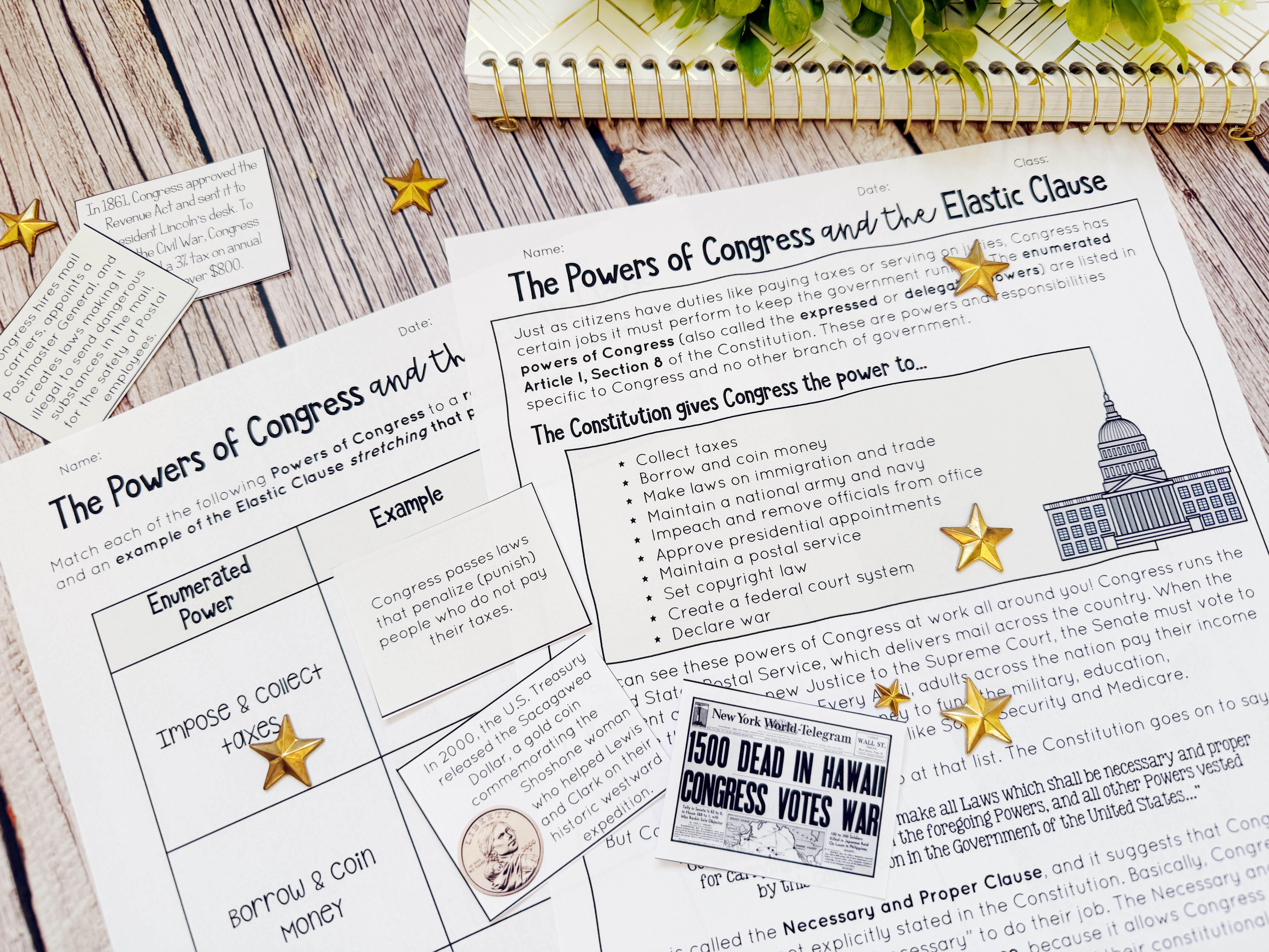 Legislative Branch Congress Elastic Clause Matching Activity for Civics and American History