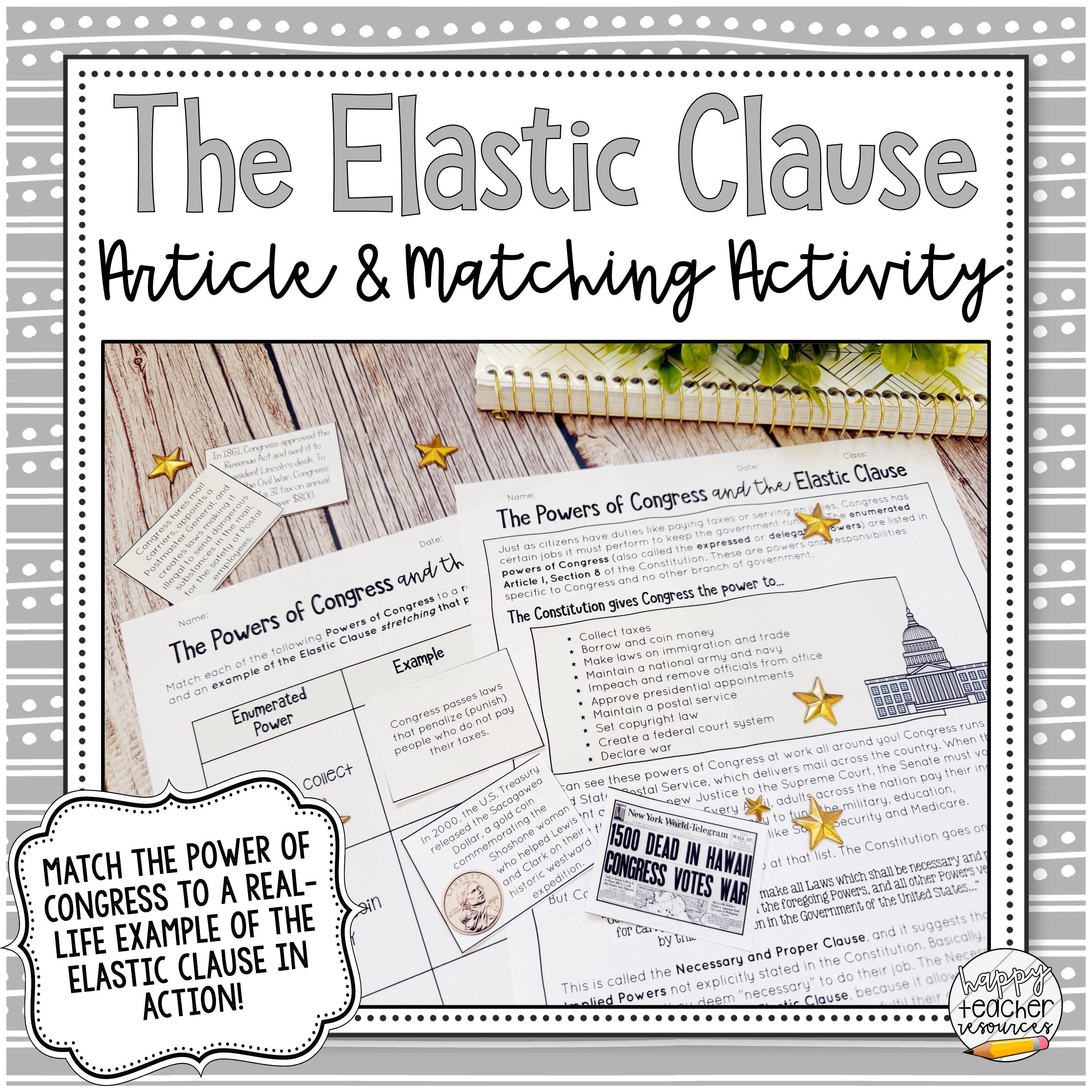 Legislative Branch Congress Elastic Clause Matching Activity Thumbnail for Civics and American History