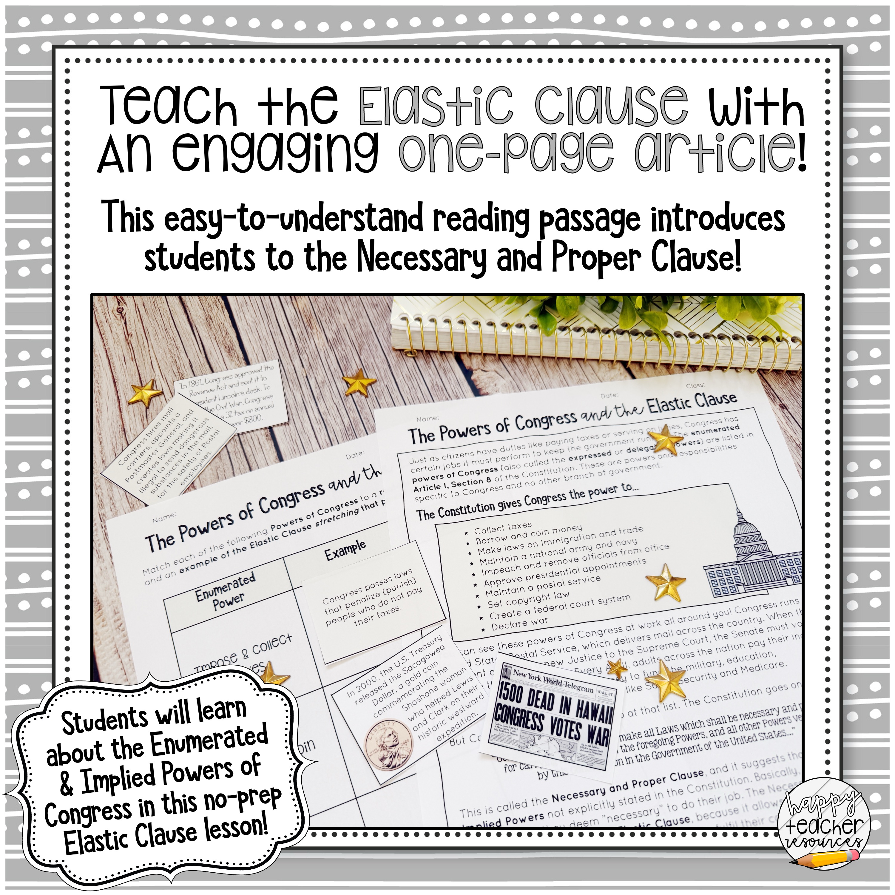 Legislative Branch Congress Elastic Clause Matching Activity Thumbnail for Civics and American History reads "Teach the Elastic Clause with an engaging one-page article!"