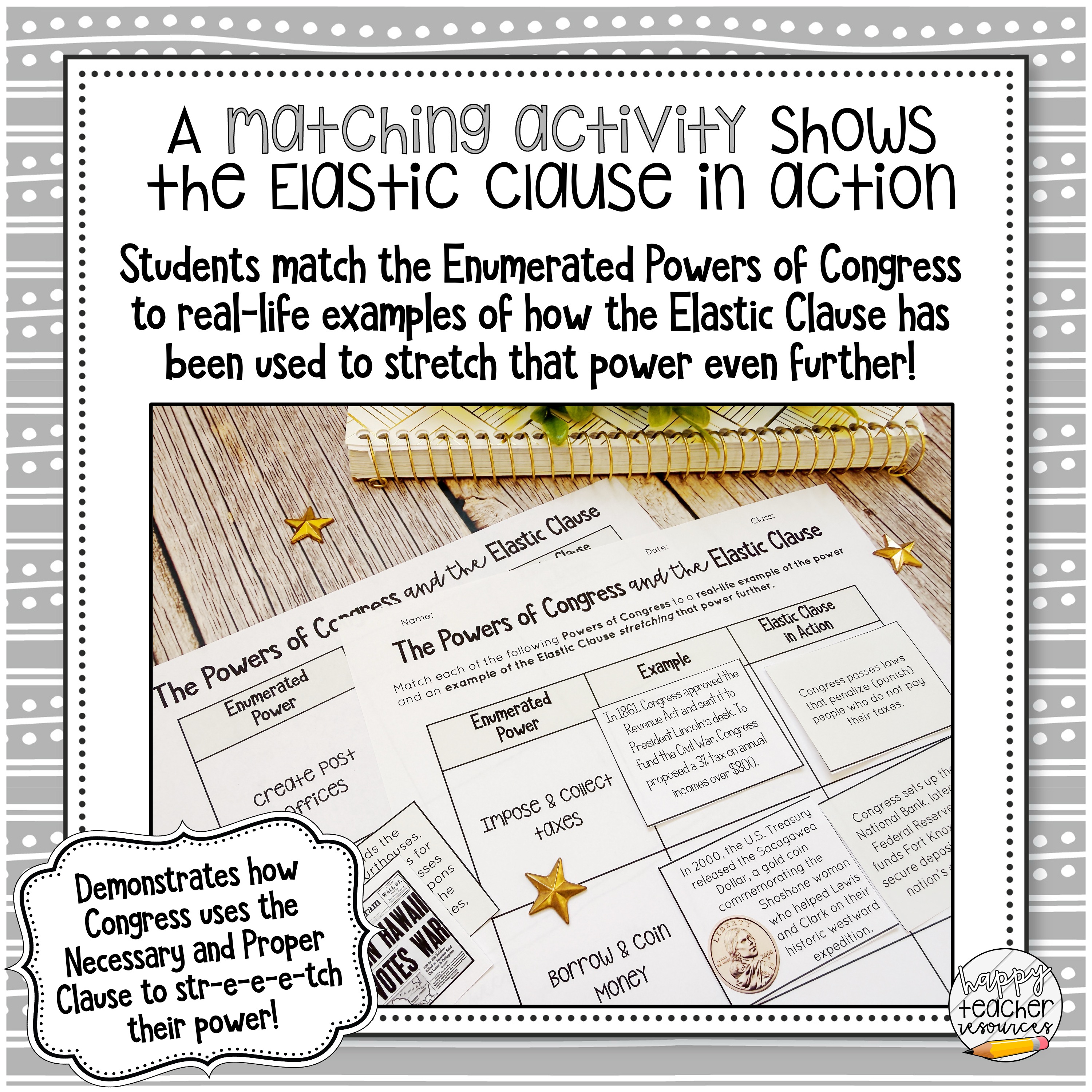 Legislative Branch Congress Elastic Clause Matching Activity Thumbnail for Civics and American History reads, "A matching activity shows the elastic clause in action!"