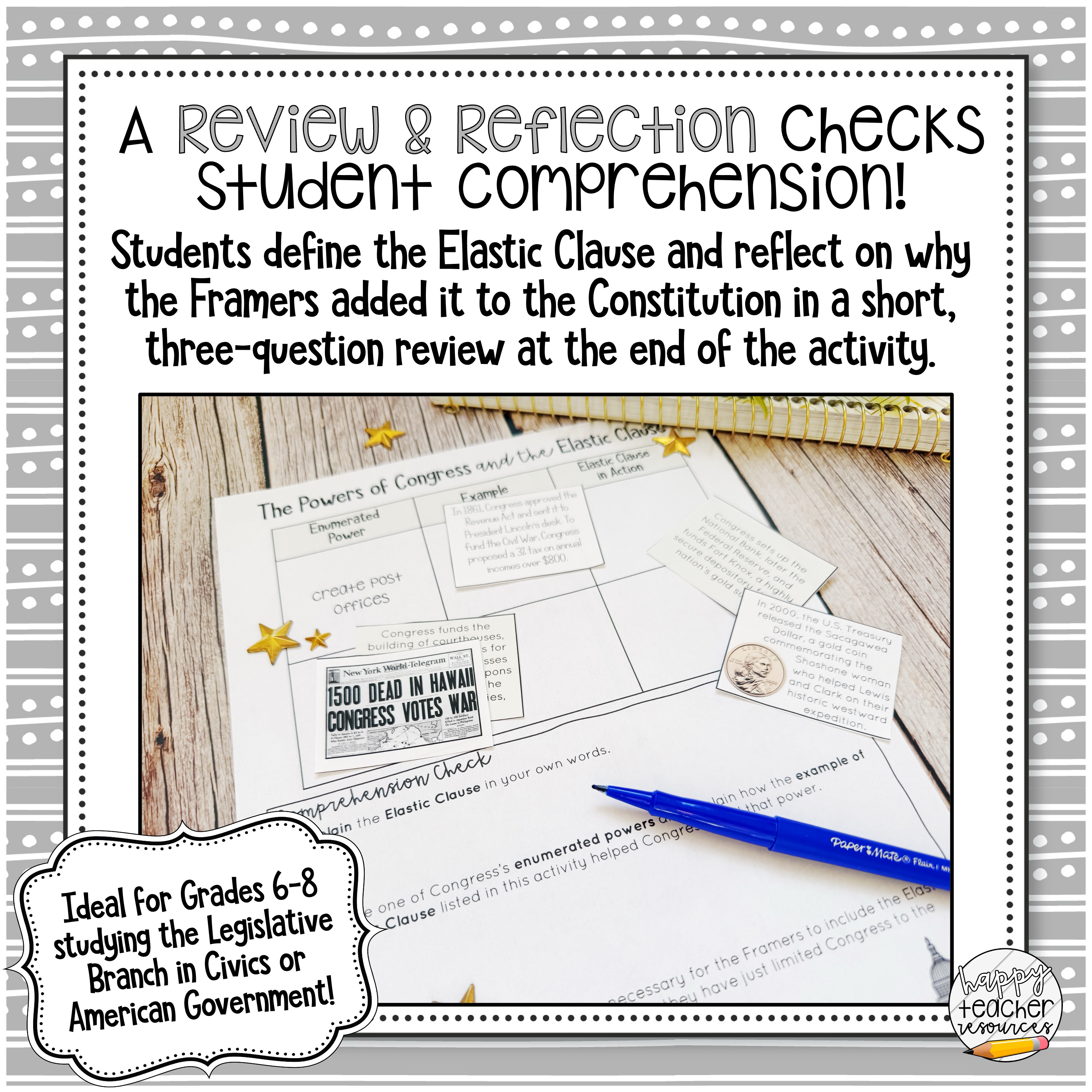 Legislative Branch Congress Elastic Clause Matching Activity Thumbnail for Civics and American History reads, "A review and reflection checks student comprehension!"